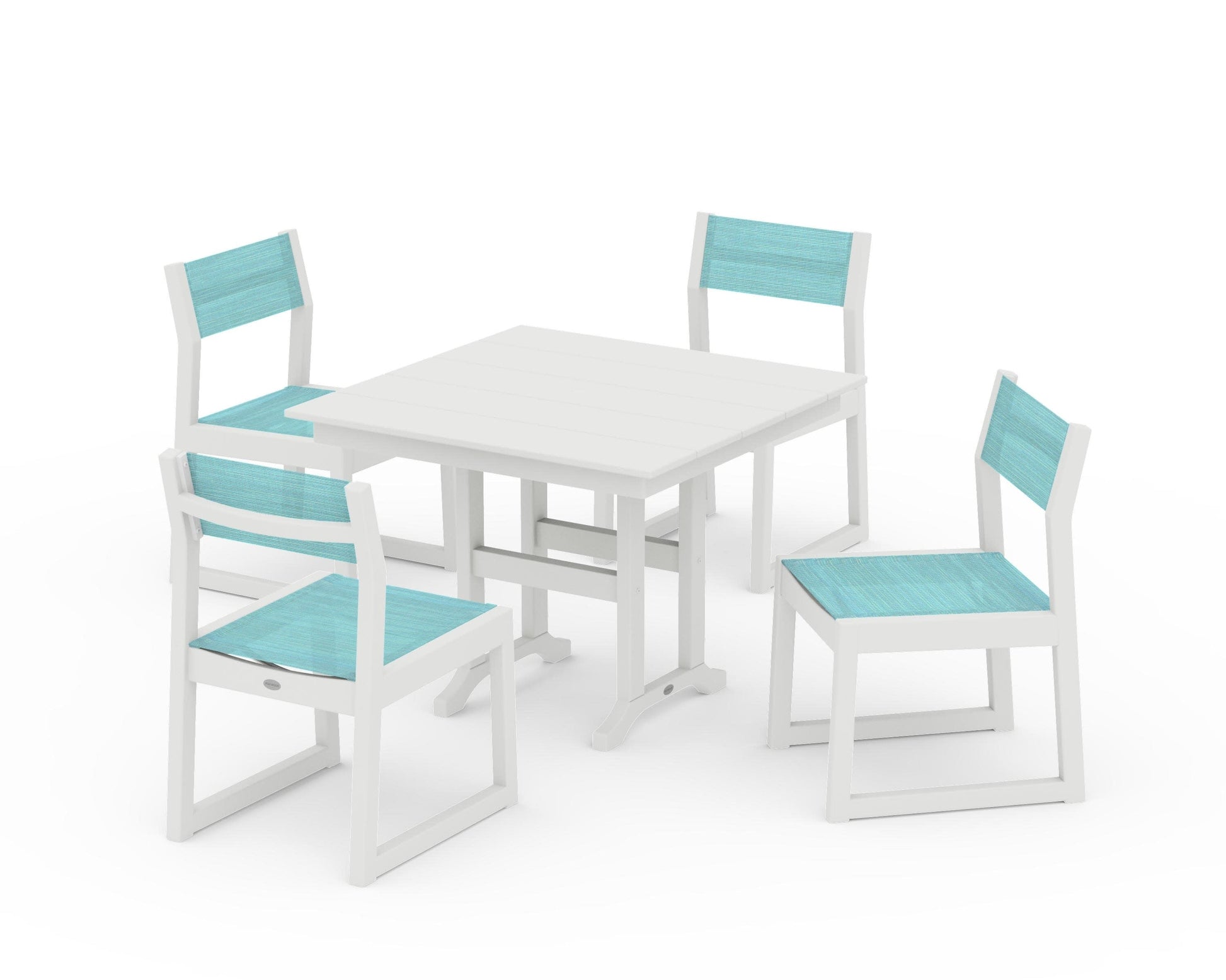 POLYWOOD EDGE Sling Side Chair 5-Piece Farmhouse Dining Set — Vintage White / Dupioni Aquamarine Sling