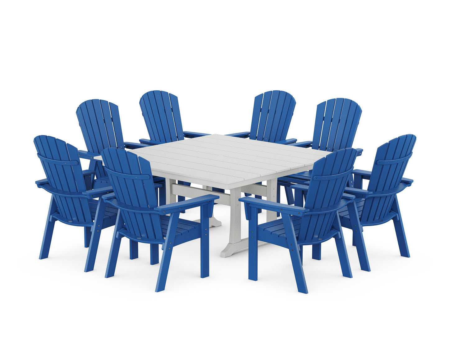 POLYWOOD Nautical Curveback Adirondack 9-Piece Square Dining Set with Trestle Legs — Pacific Blue / White