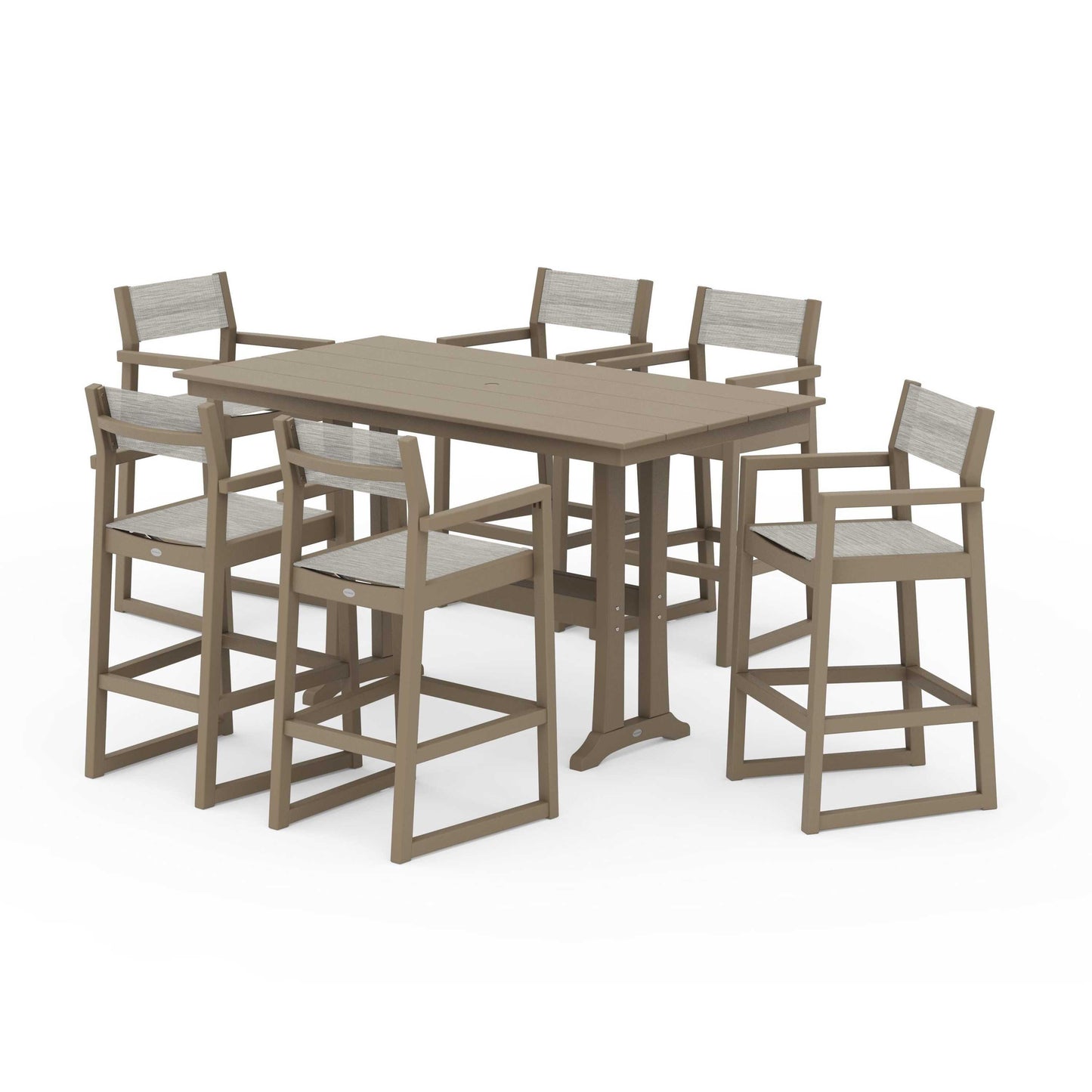 POLYWOOD EDGE Sling Arm Chair 7-Piece Farmhouse Bar Set with Trestle Legs — Vintage Sahara / Birch Sling
