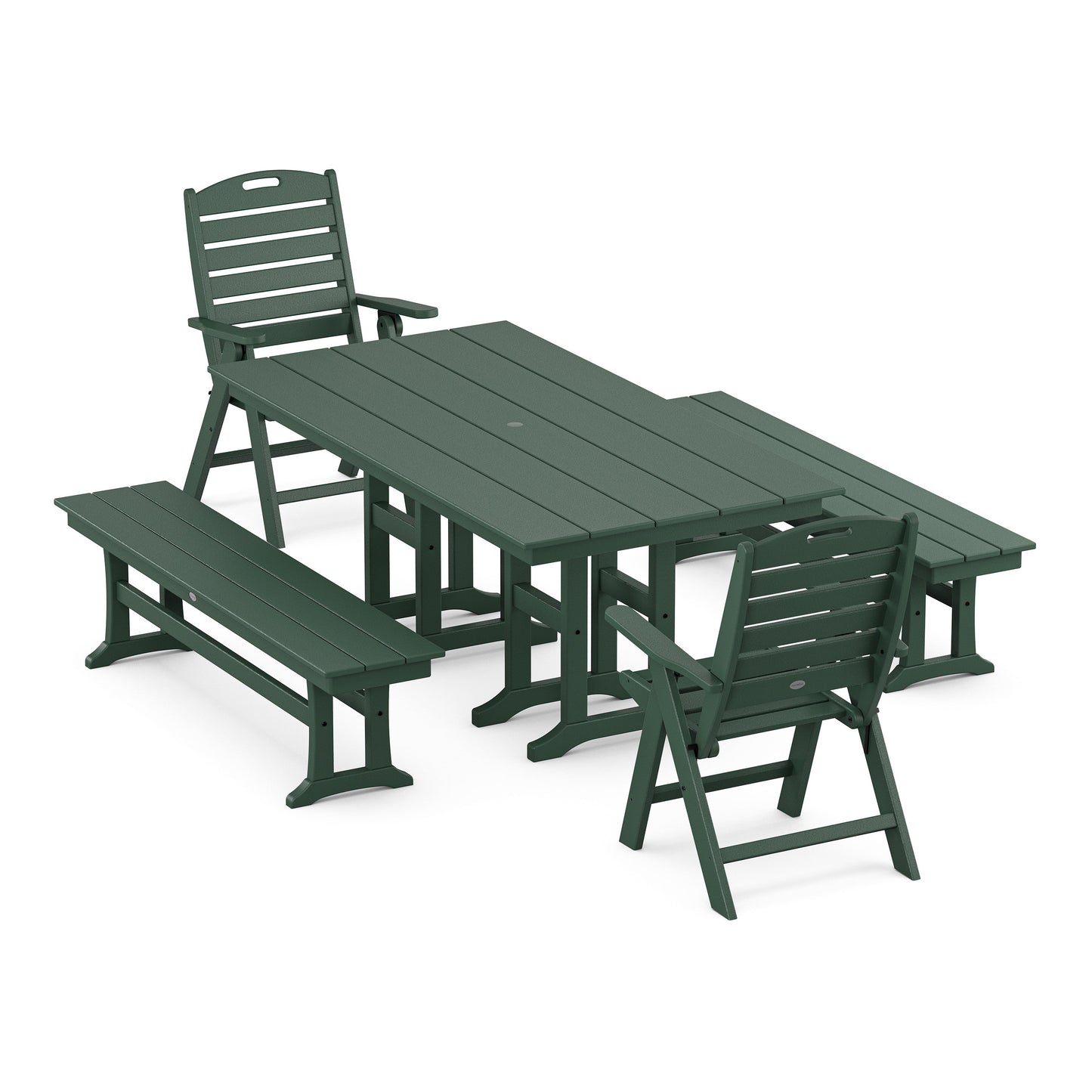 POLYWOOD Nautical Highback 5-Piece Farmhouse Dining Set with Benches — Green
