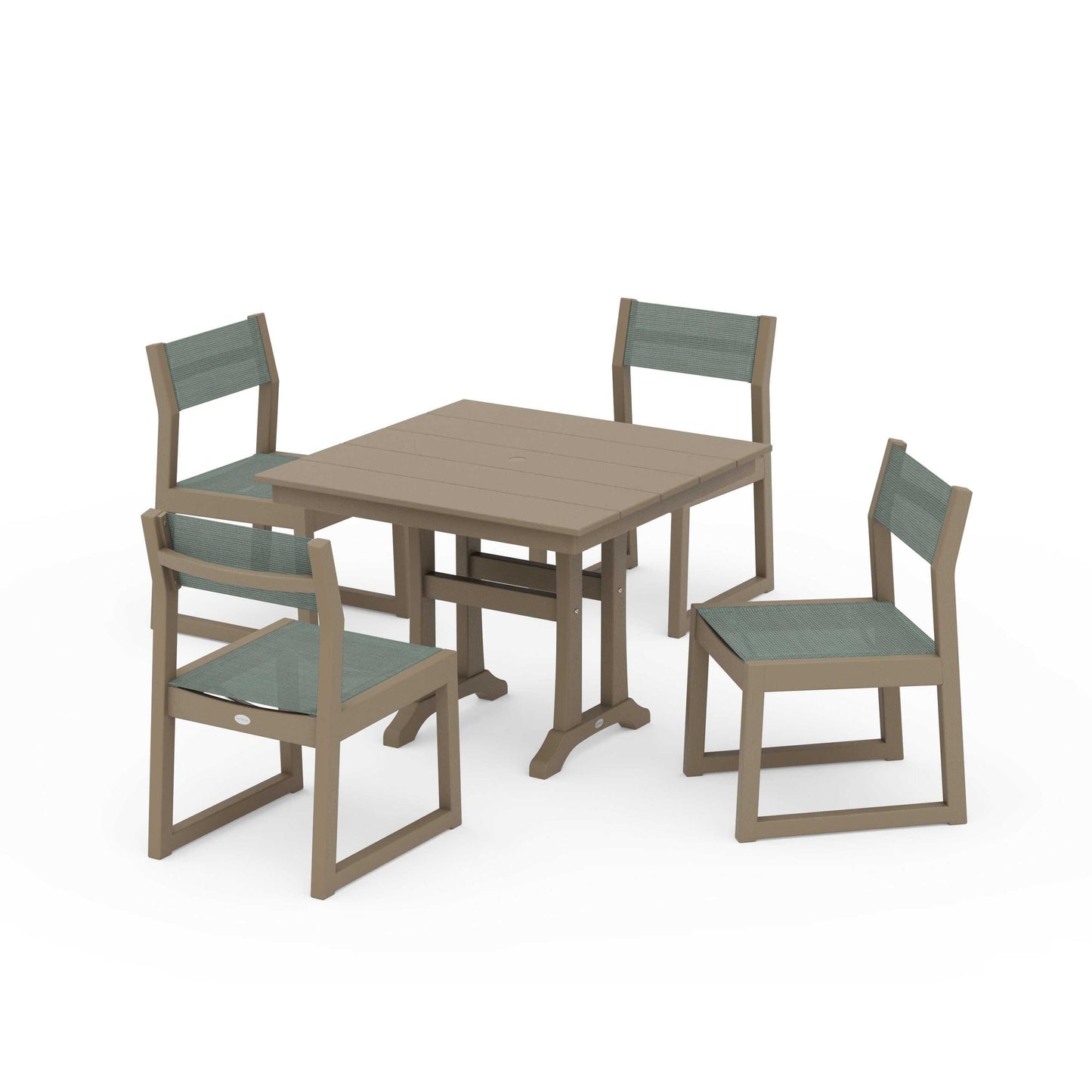 POLYWOOD EDGE Sling 5-Piece Farmhouse Trestle Side Chair Dining Set — Vintage Sahara / Dupioni Sea Mist Sling