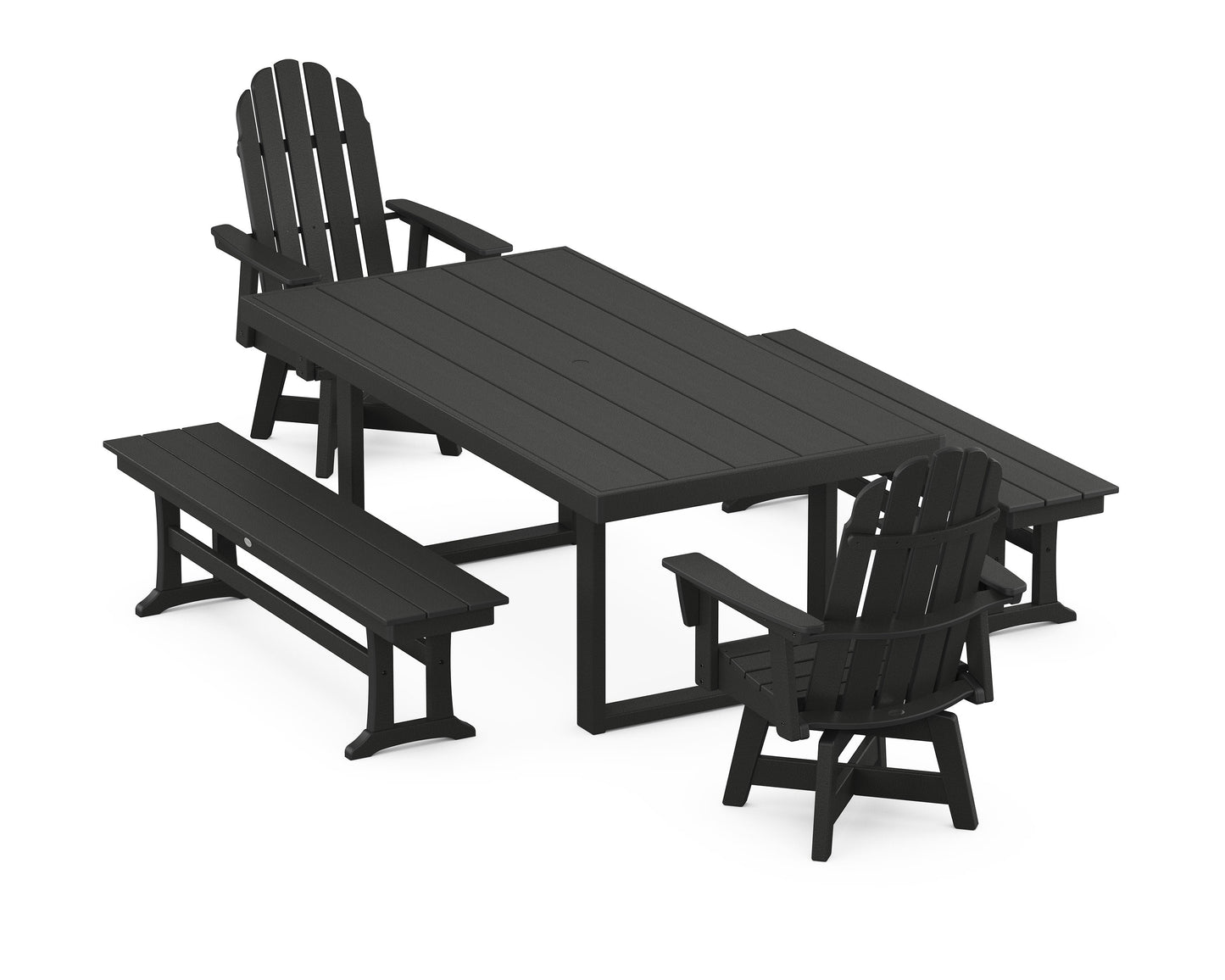 POLYWOOD Vineyard Curveback Adirondack Swivel Chair 5-Piece Dining Set with Benches — Black