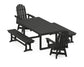 POLYWOOD Vineyard Curveback Adirondack Swivel Chair 5-Piece Dining Set with Benches — Black