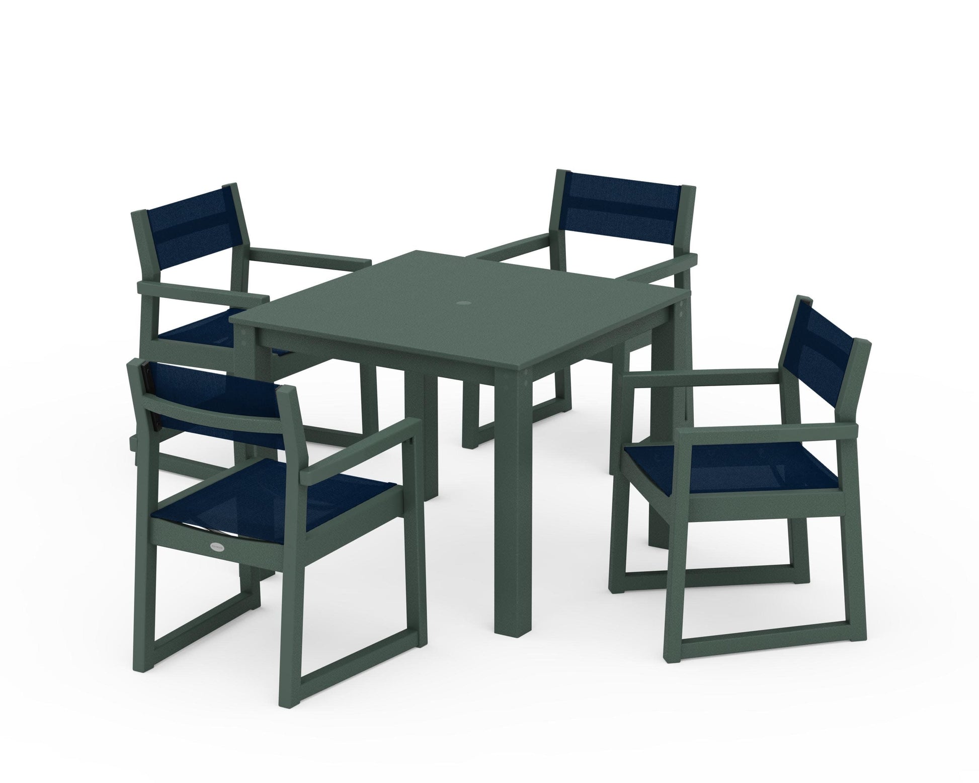 POLYWOOD EDGE Sling Arm Chair 5-Piece Parsons Dining Set — Green / Navy Blue Sling