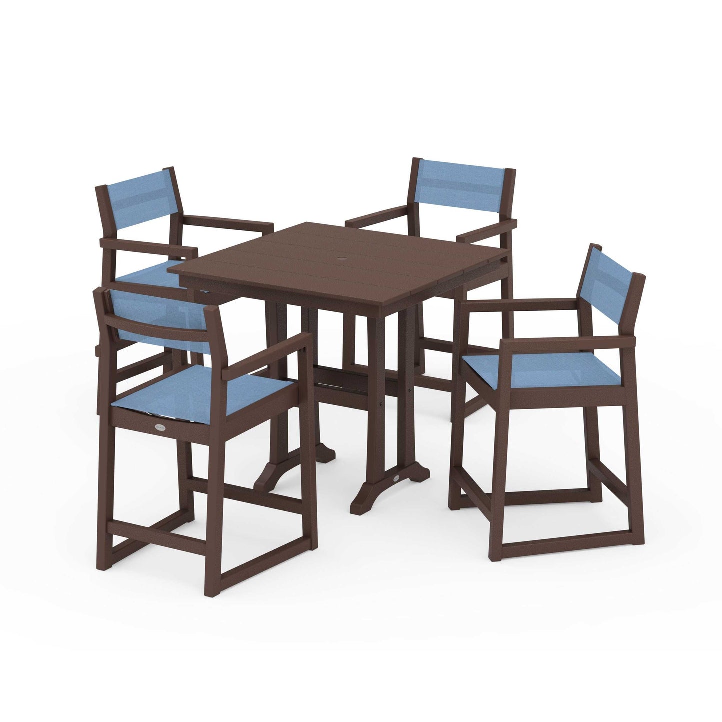 POLYWOOD EDGE Sling Arm Chair 5-Piece Farmhouse Counter Set with Trestle Legs — Mahogany / Poolside Sling