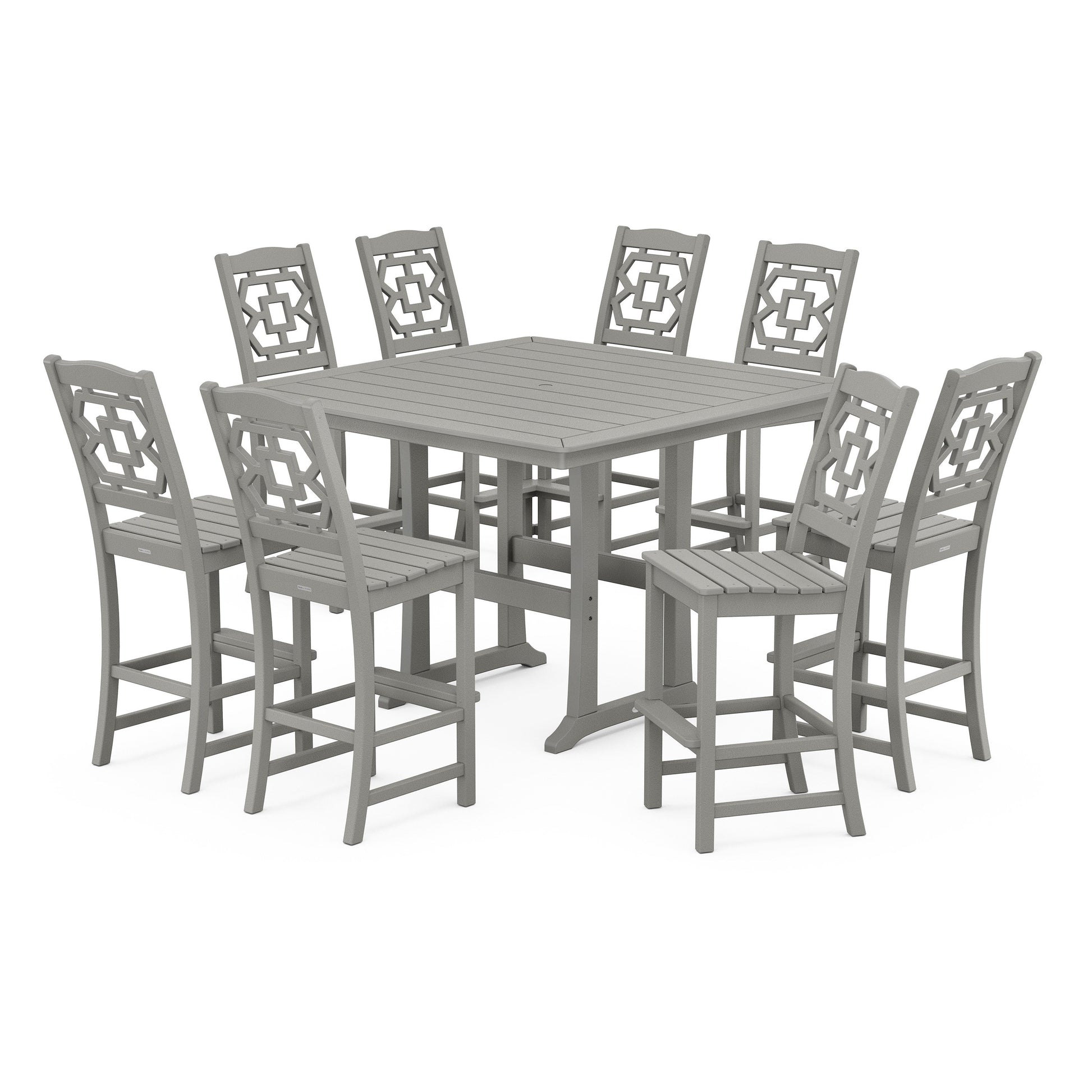 POLYWOOD Chinoiserie 9-Piece Square Side Chair Bar Set with Trestle Legs — Slate Grey