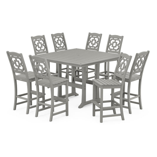 POLYWOOD Chinoiserie 9-Piece Square Side Chair Bar Set with Trestle Legs — Slate Grey