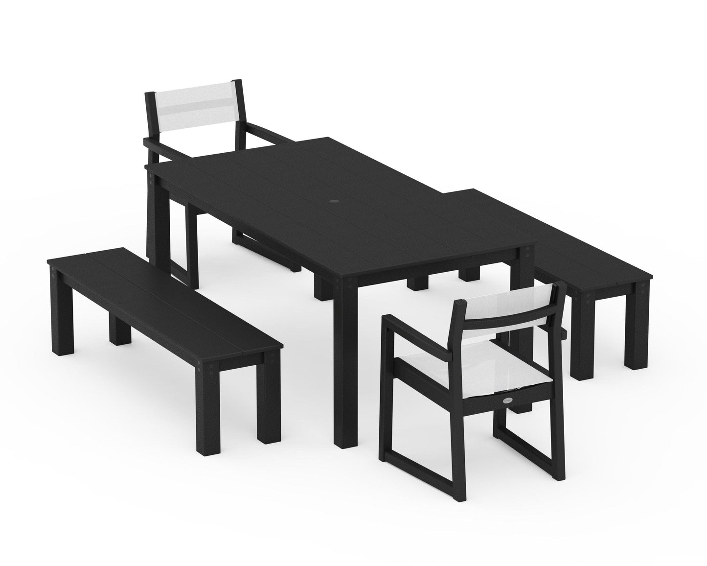 POLYWOOD EDGE Sling Arm Chair 5-Piece Parsons Dining Set with Benches — Black / White Sling