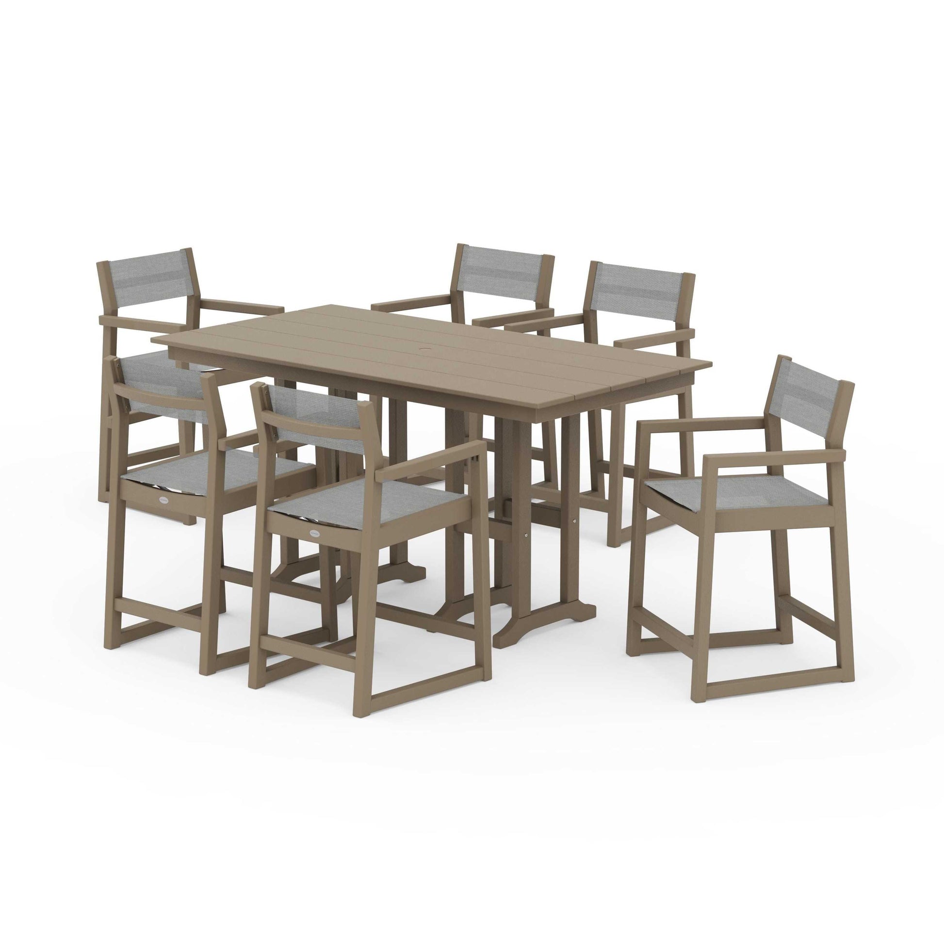 POLYWOOD EDGE Sling Arm Chair 7-Piece Farmhouse Counter Set — Vintage Sahara / Metallic Sling
