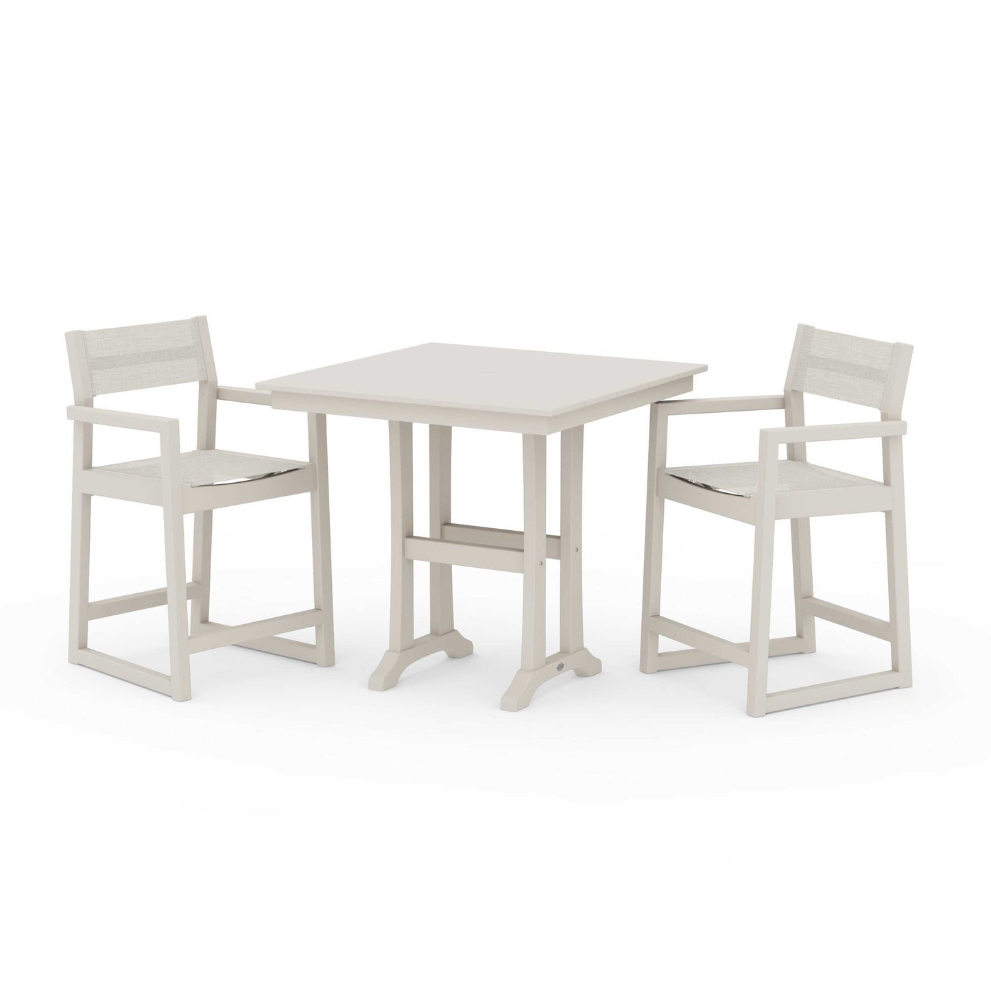 POLYWOOD EDGE Sling Arm Chair 3-Piece Farmhouse Counter Set with Trestle Legs — Sand / Parchment Sling
