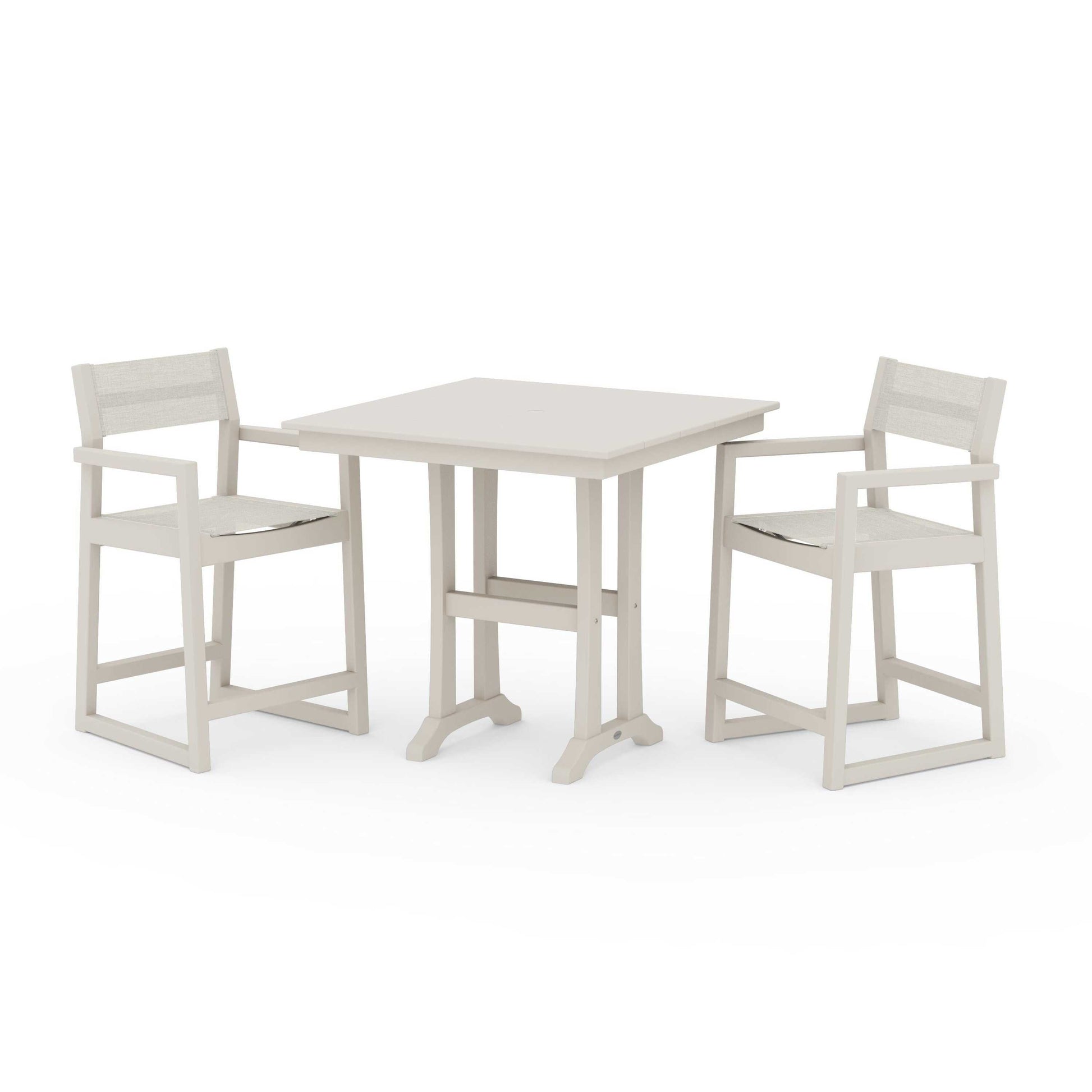 POLYWOOD EDGE Sling Arm Chair 3-Piece Farmhouse Counter Set with Trestle Legs — Sand / Parchment Sling