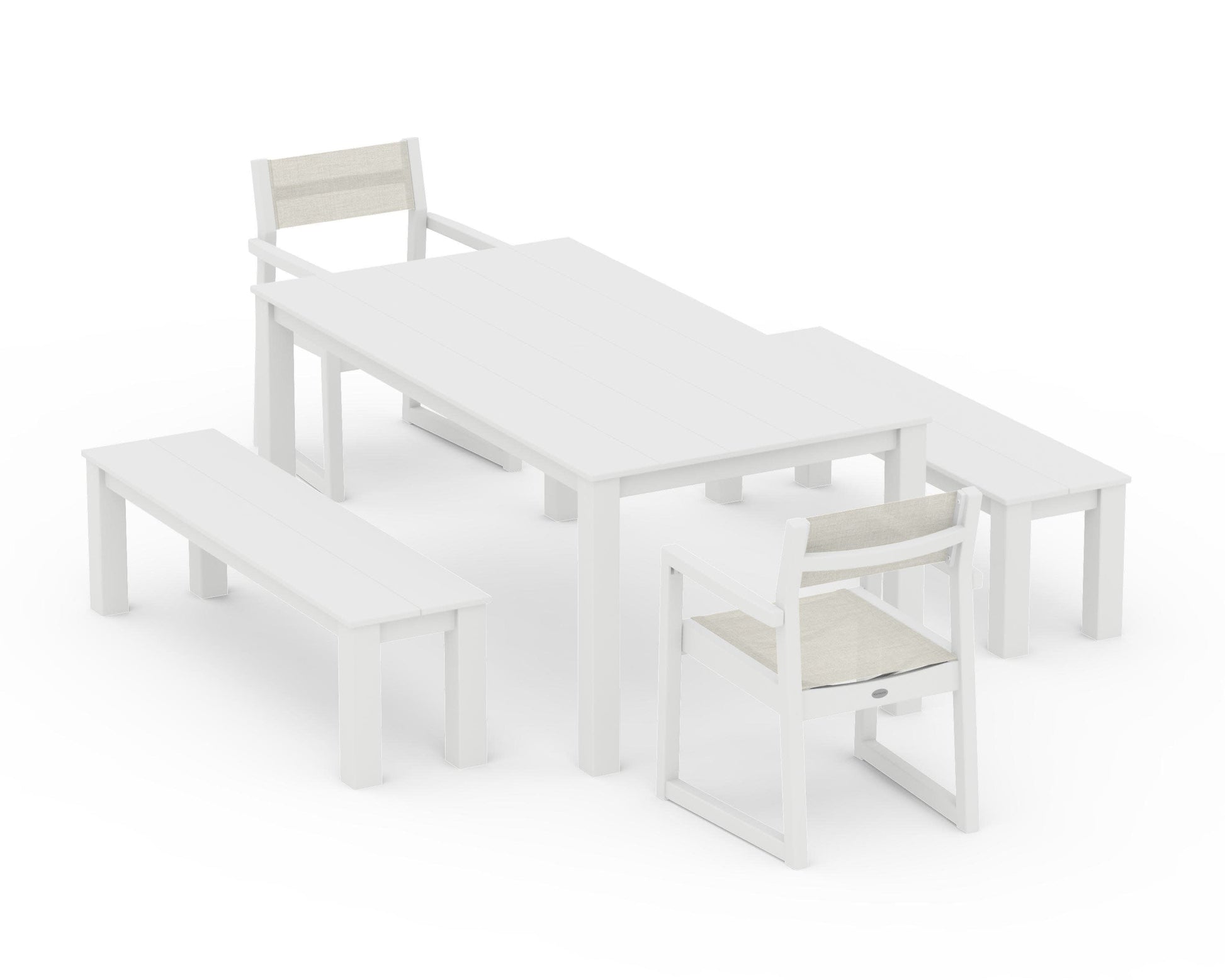 POLYWOOD EDGE Sling Arm Chair 5-Piece Parsons Dining Set with Benches — White / Parchment Sling