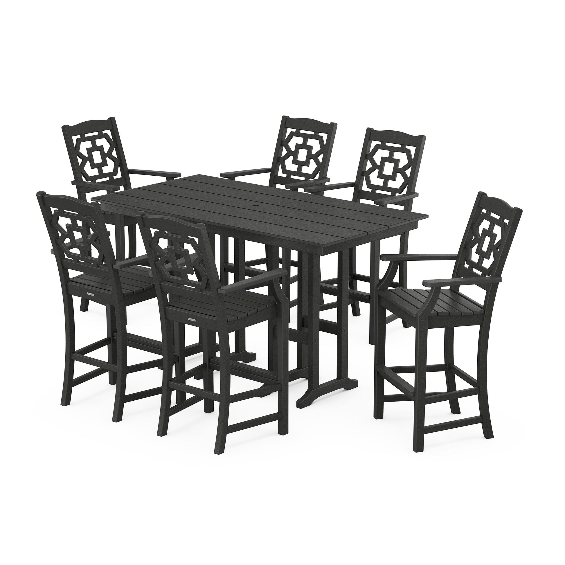 POLYWOOD Chinoiserie Arm Chair 7-Piece Farmhouse Bar Set — Black