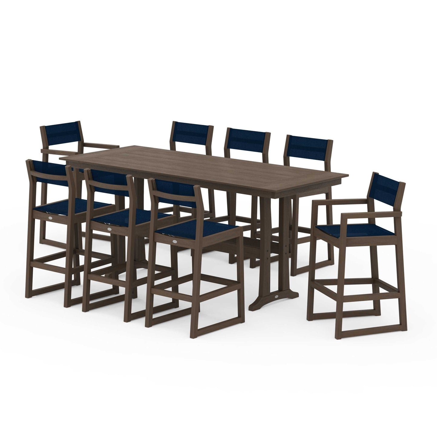 POLYWOOD EDGE Sling 9-Piece Farmhouse Bar Set with Trestle Legs — Kona / Navy Blue Sling