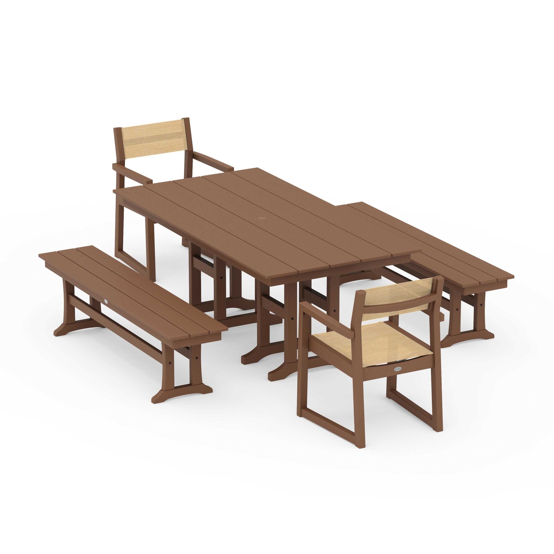 POLYWOOD EDGE Sling Arm Chair 5-Piece Farmhouse Dining Set with Benches — Teak / Dupioni Apricot Sling