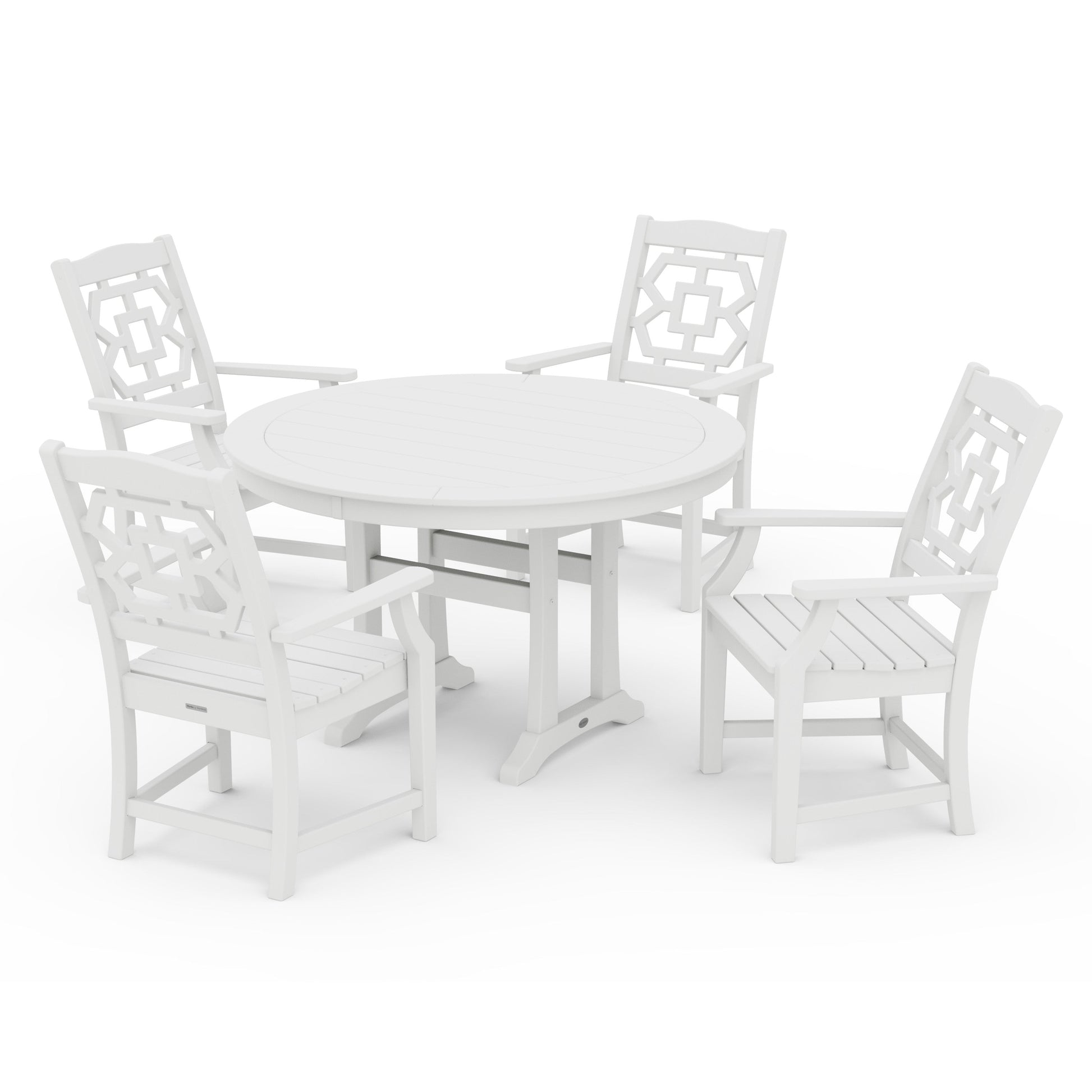 POLYWOOD Chinoiserie 5-Piece Round Dining Set with Trestle Legs — White