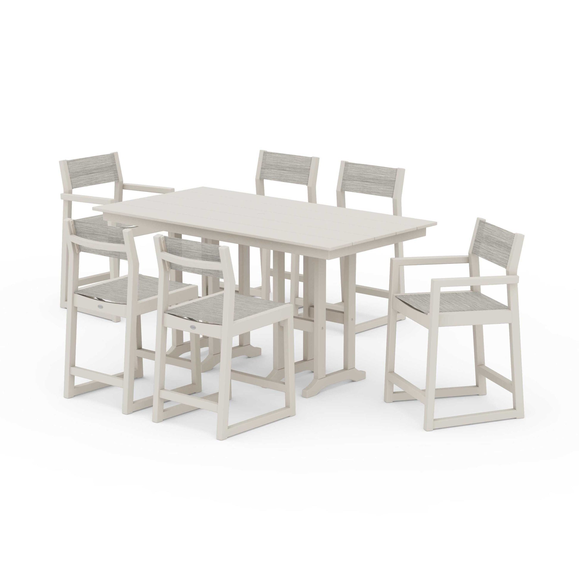 POLYWOOD EDGE Sling 7-Piece Farmhouse Counter Set with Trestle Legs — Sand / Birch Sling