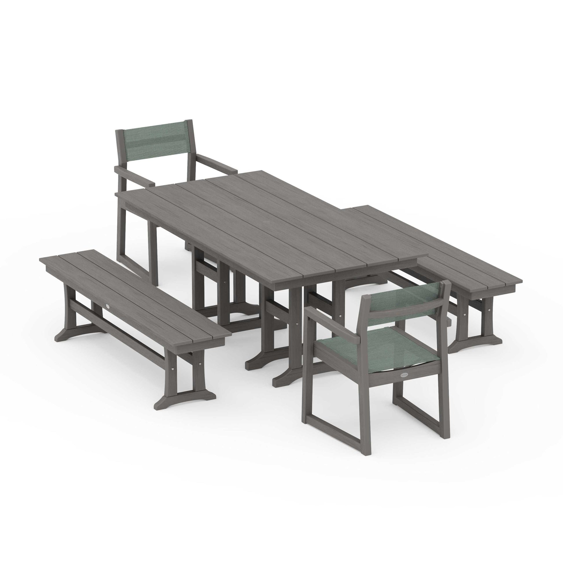 POLYWOOD EDGE Sling Arm Chair 5-Piece Farmhouse Dining Set with Benches — Driftwood / Dupioni Sea Mist Sling