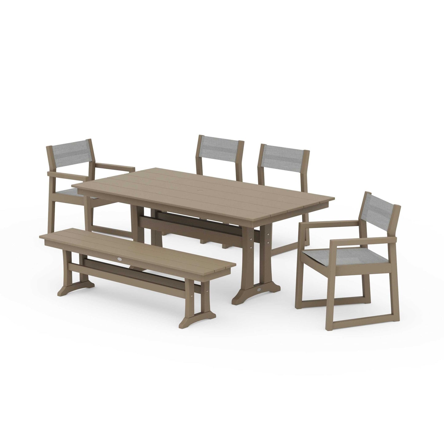 POLYWOOD EDGE Sling 6-Piece Farmhouse Dining Set With Trestle Legs — Vintage Sahara / Metallic Sling