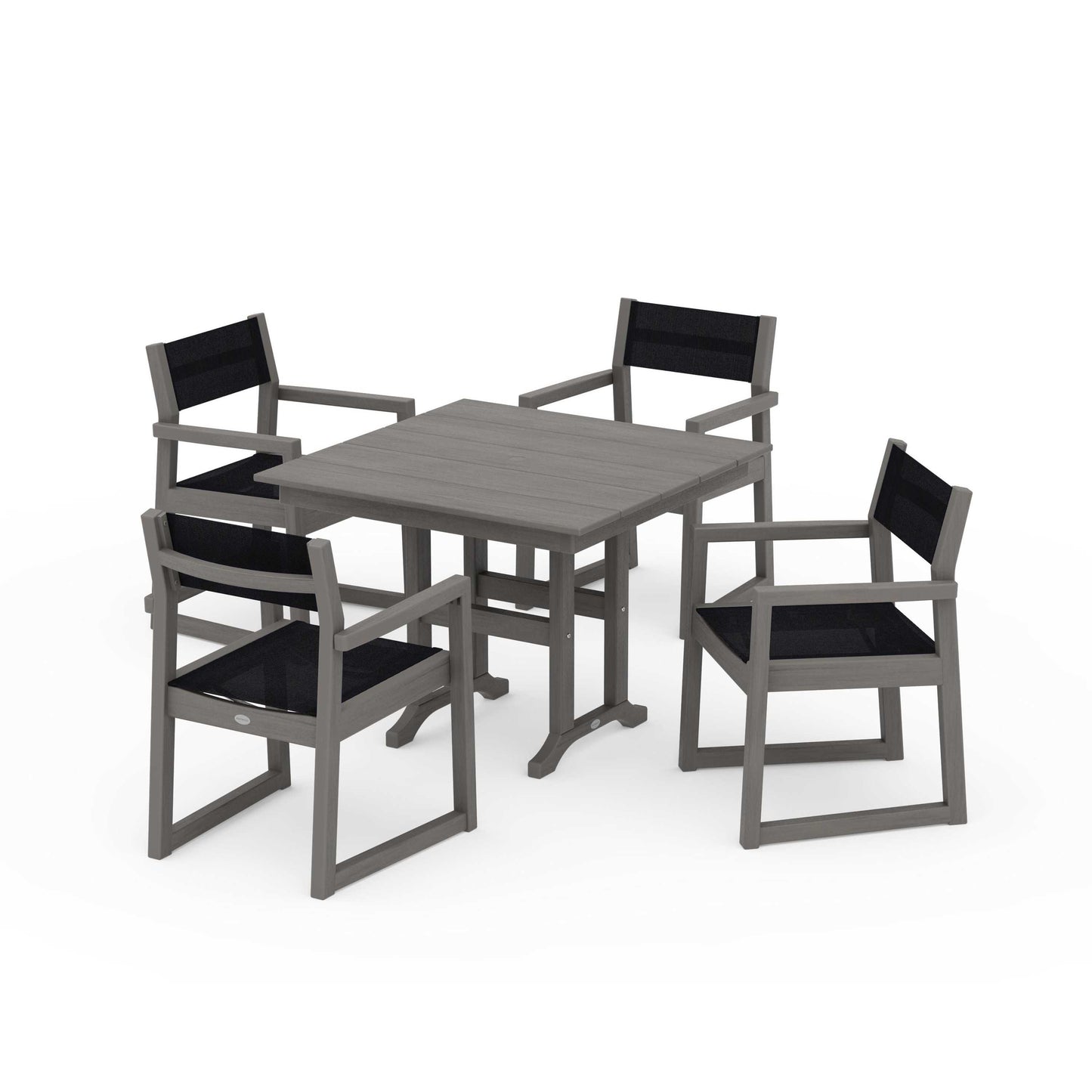 POLYWOOD EDGE Sling Arm Chair 5-Piece Farmhouse Dining Set — Driftwood / Black Sling
