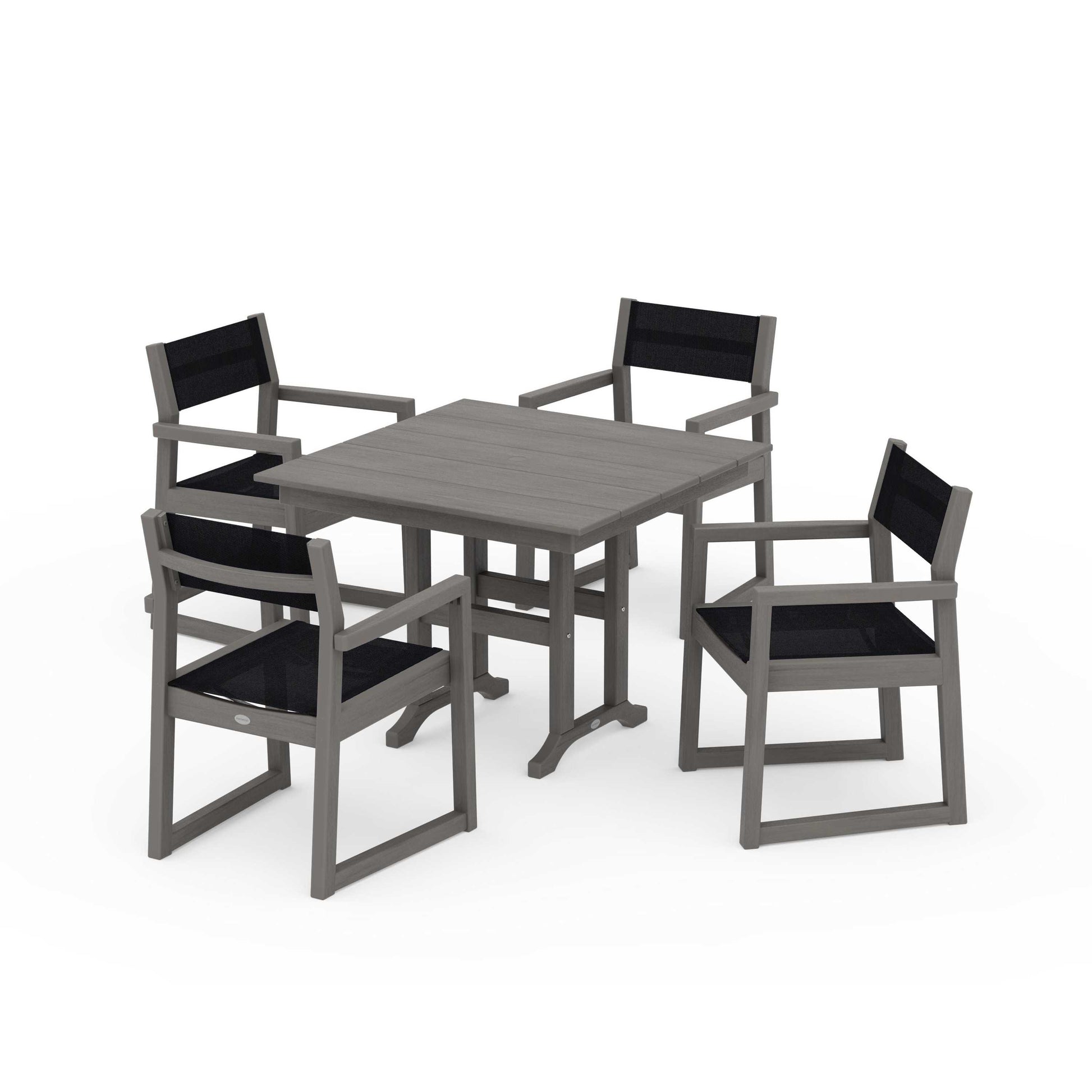 POLYWOOD EDGE Sling Arm Chair 5-Piece Farmhouse Dining Set — Driftwood / Black Sling