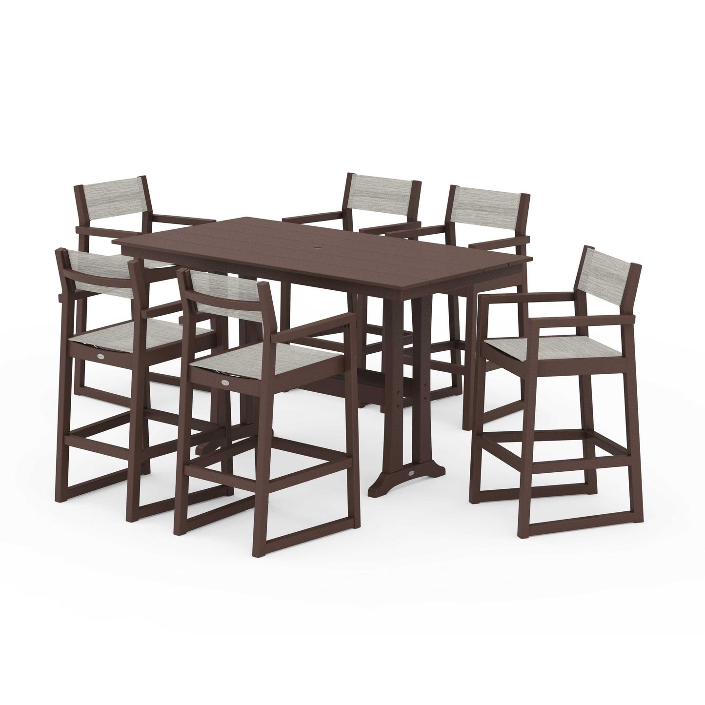 POLYWOOD EDGE Sling Arm Chair 7-Piece Farmhouse Bar Set with Trestle Legs — Mahogany / Birch Sling