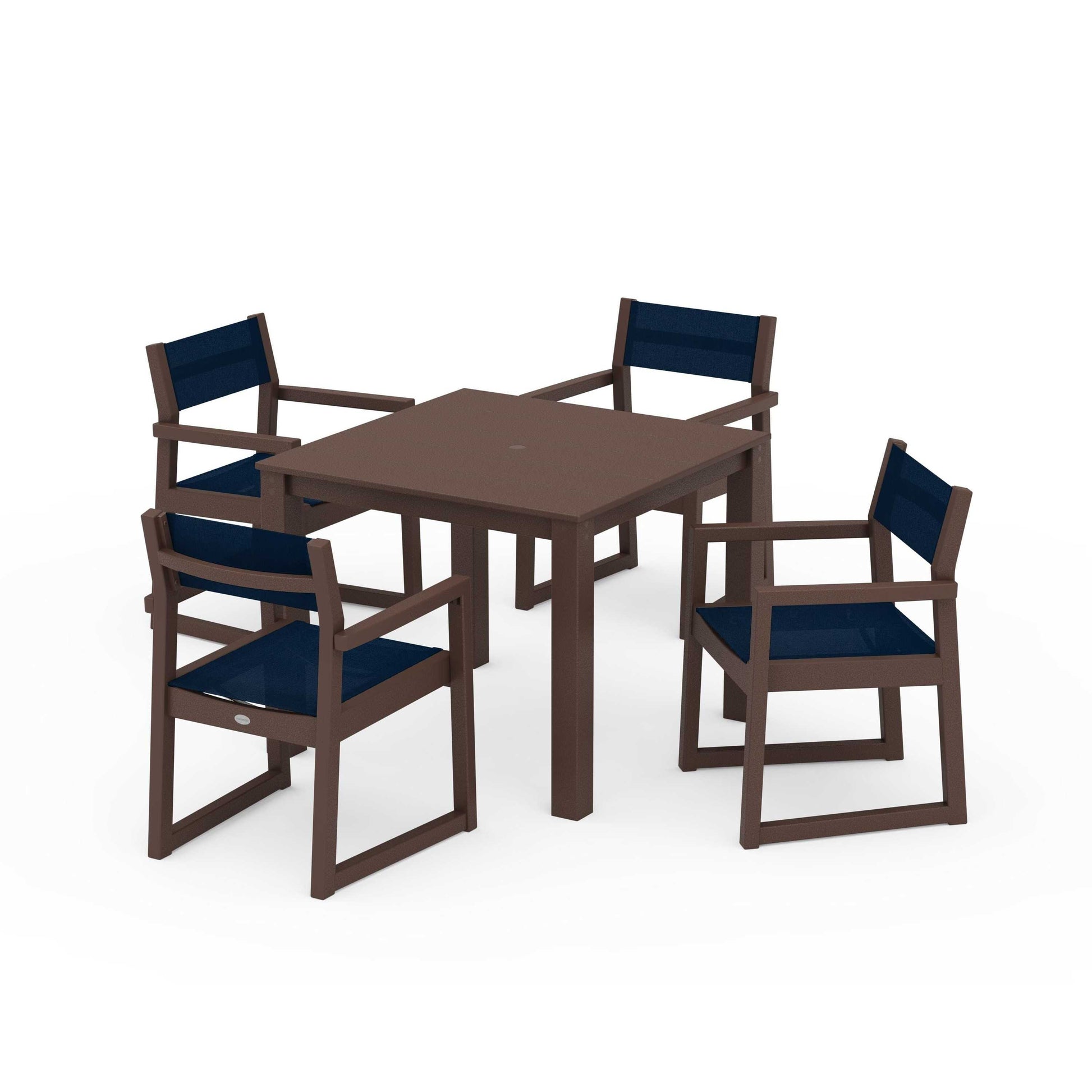 POLYWOOD EDGE Sling Arm Chair 5-Piece Parsons Dining Set — Mahogany / Navy Blue Sling