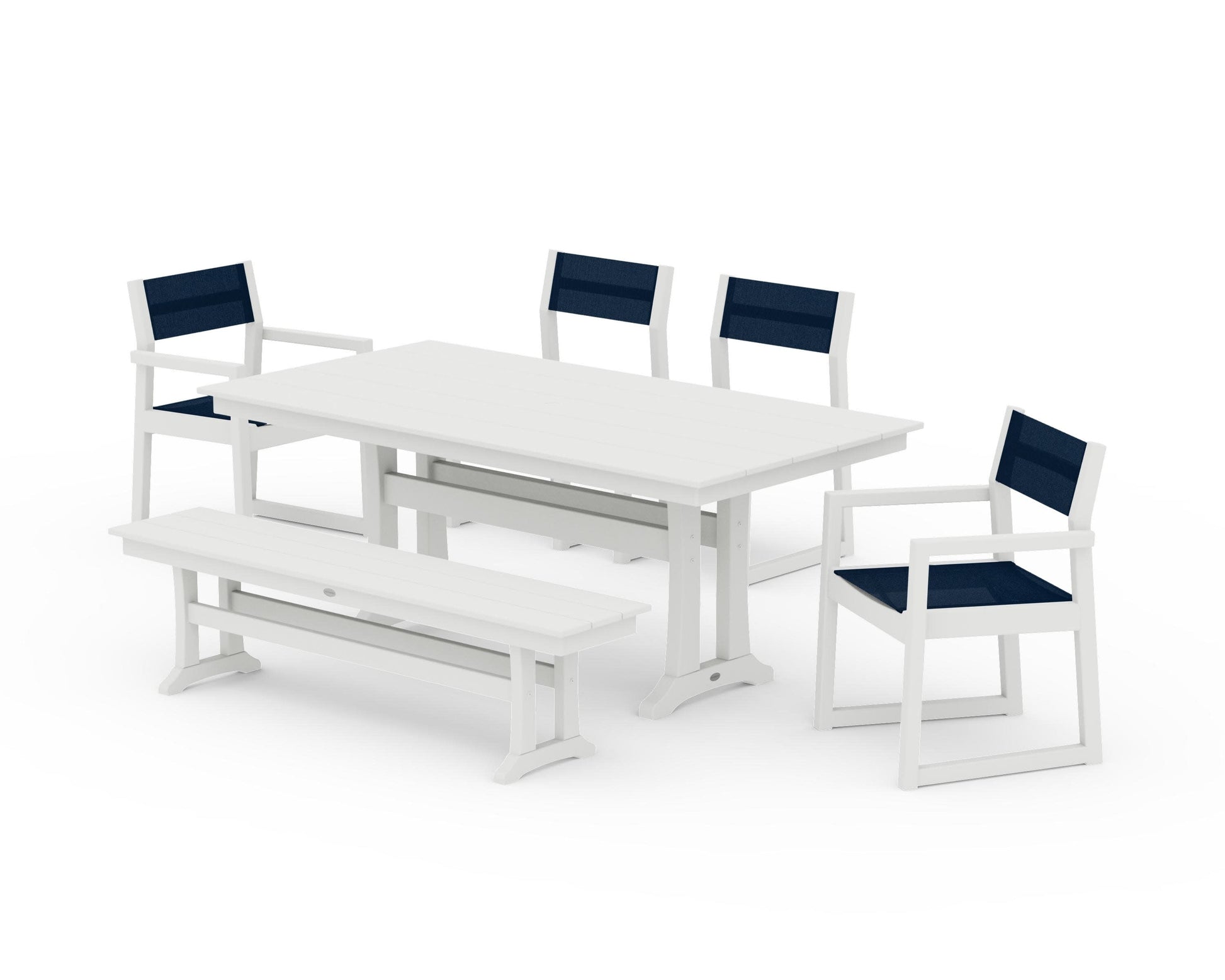 POLYWOOD EDGE Sling 6-Piece Farmhouse Dining Set With Trestle Legs — Vintage White / Navy Blue Sling