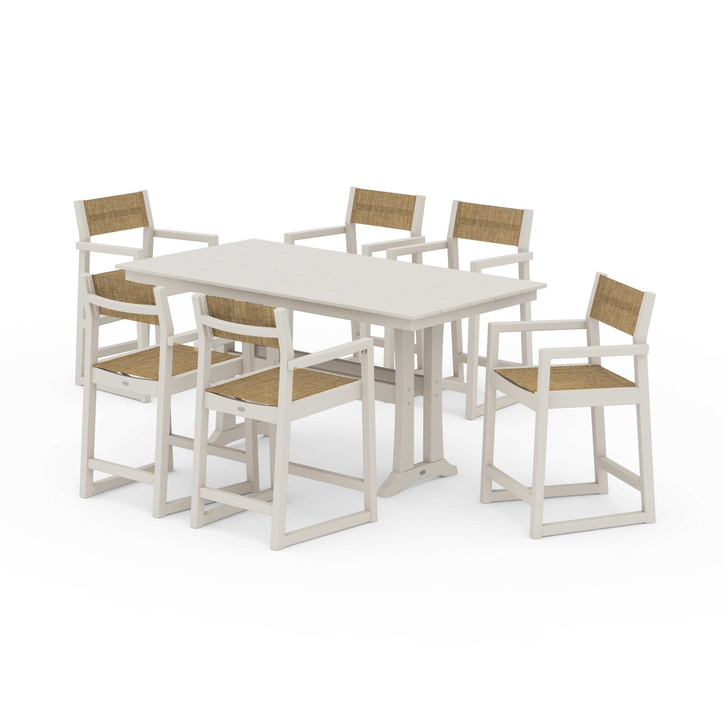 POLYWOOD EDGE Sling Arm Chair 7-Piece Farmhouse Counter Set with Trestle Legs — Sand / Burlap Sling