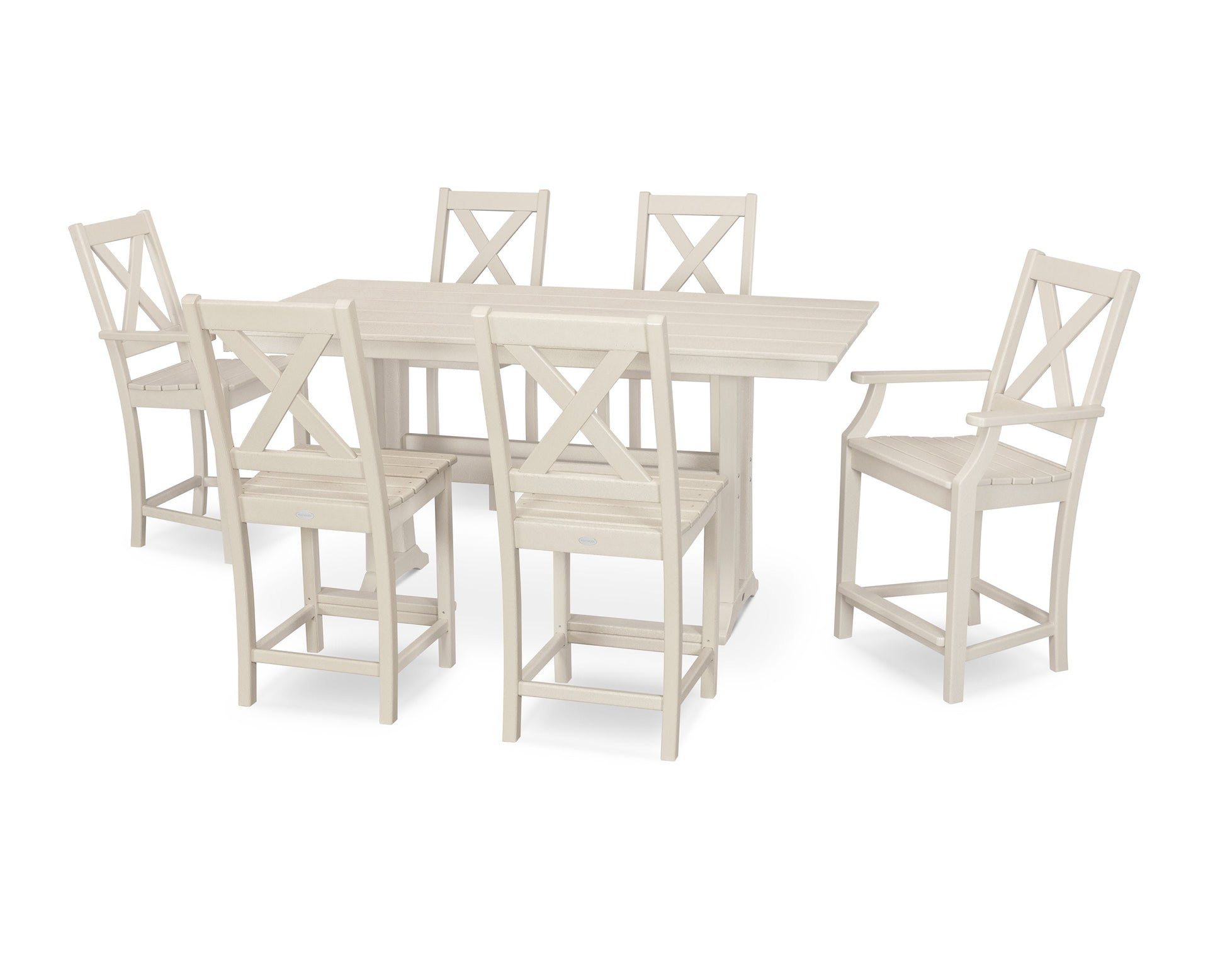 POLYWOOD Braxton 7-Piece Farmhouse Trestle Counter Set — Sand