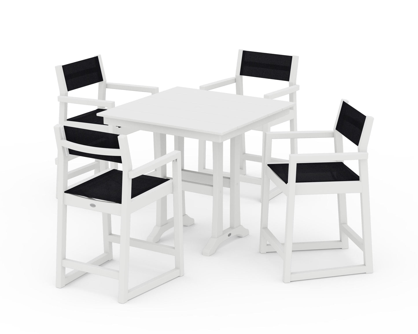 POLYWOOD EDGE Sling Arm Chair 5-Piece Farmhouse Counter Set with Trestle Legs — White / Black Sling