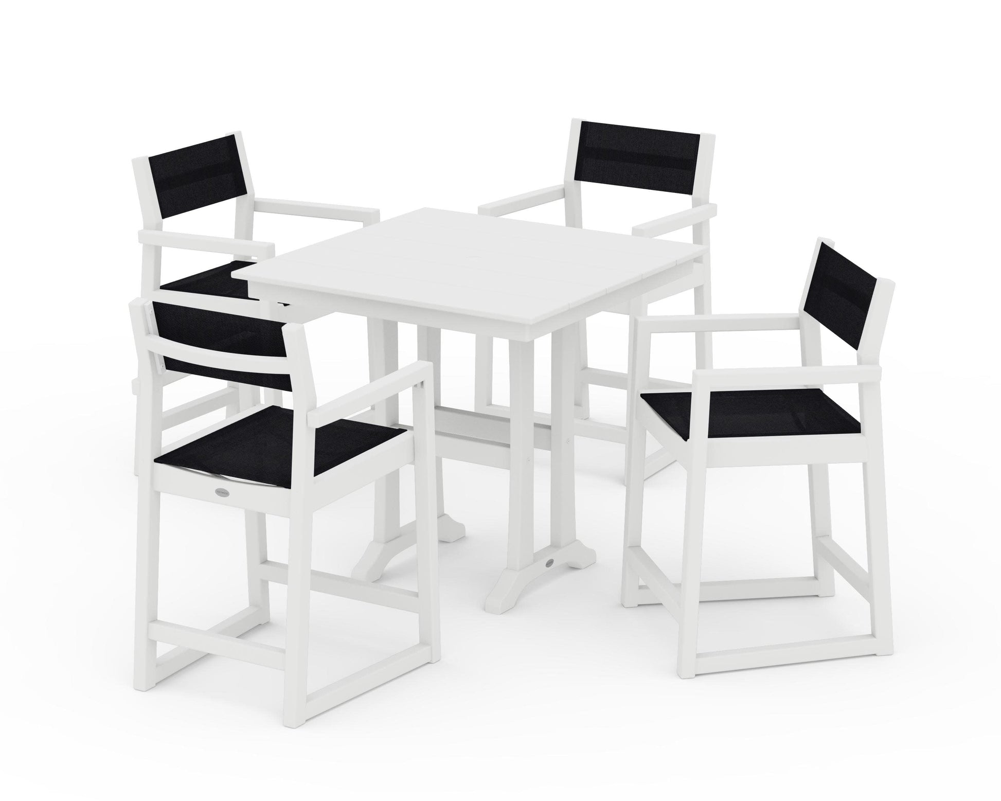 POLYWOOD EDGE Sling Arm Chair 5-Piece Farmhouse Counter Set with Trestle Legs — White / Black Sling