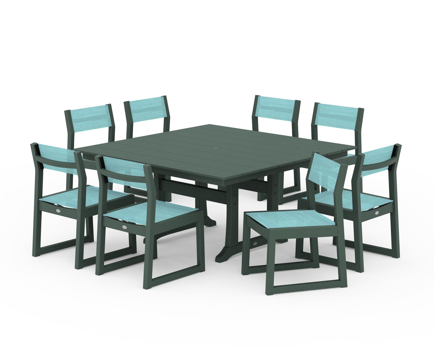 POLYWOOD EDGE Sling Side Chair 9-Piece Farmhouse Trestle Dining Set — Green / Dupioni Aquamarine Sling