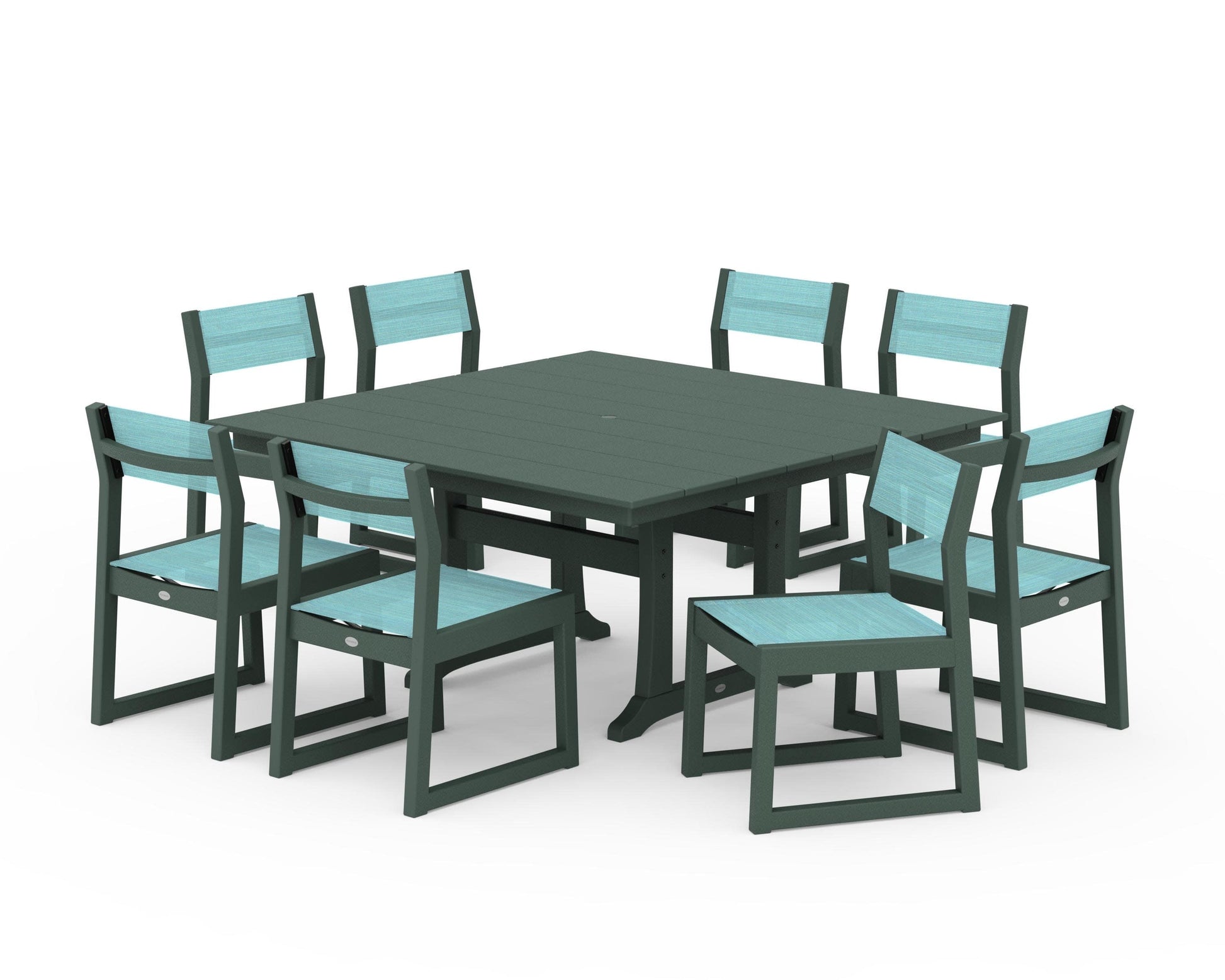 POLYWOOD EDGE Sling Side Chair 9-Piece Farmhouse Trestle Dining Set — Green / Dupioni Aquamarine Sling