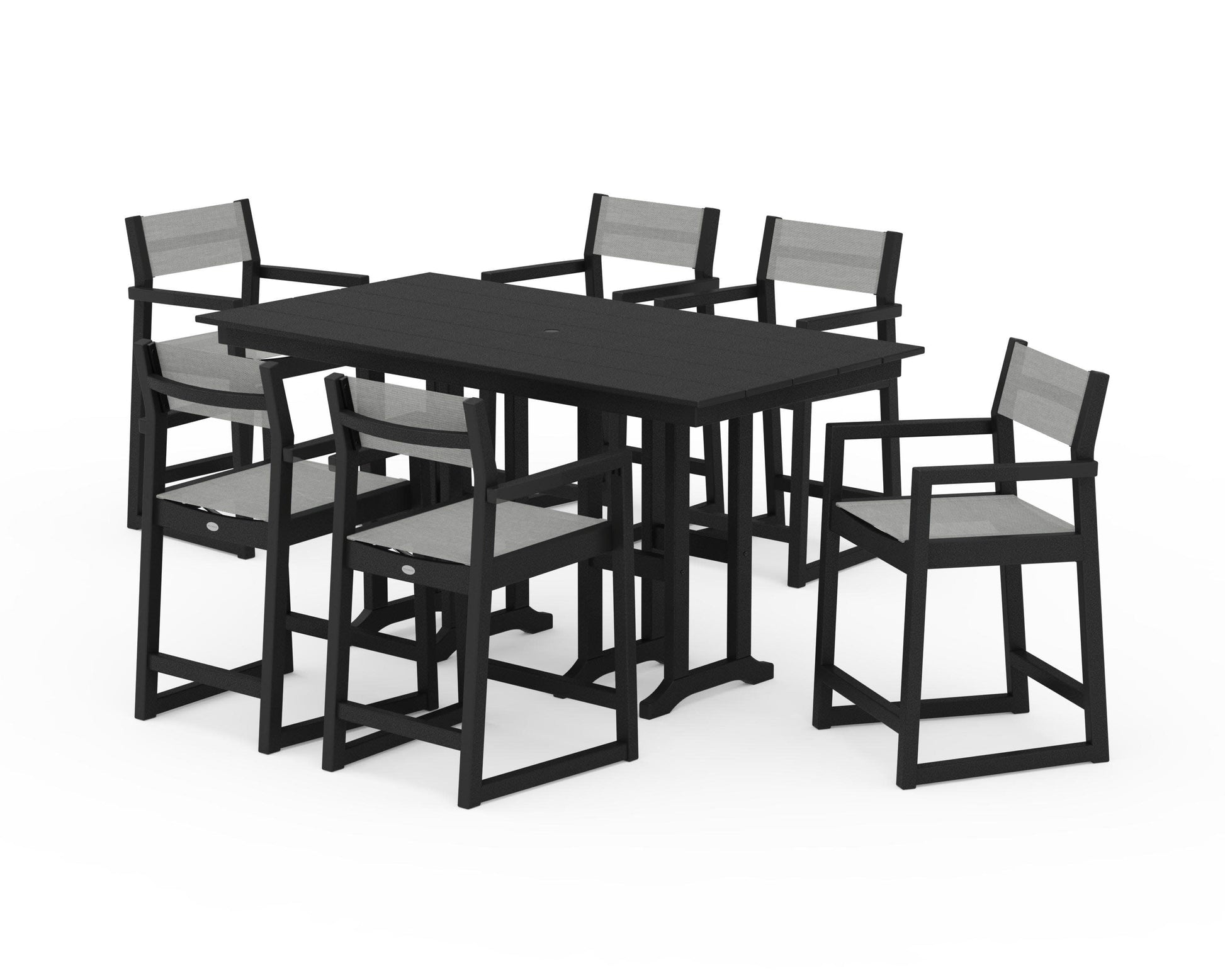 POLYWOOD EDGE Sling Arm Chair 7-Piece Farmhouse Counter Set — Black / Metallic Sling