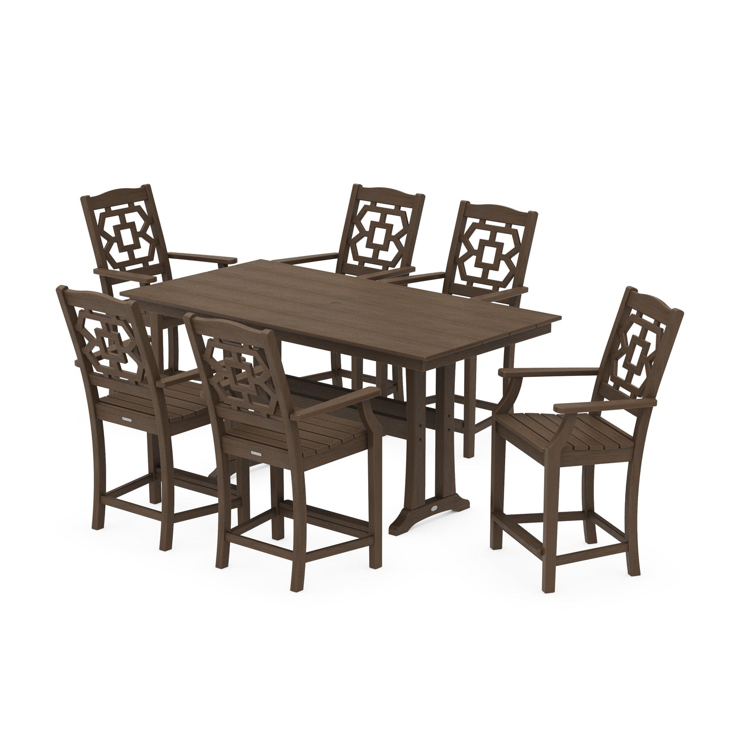 POLYWOOD Chinoiserie Arm Chair 7-Piece Farmhouse Counter Set with Trestle Legs — Kona