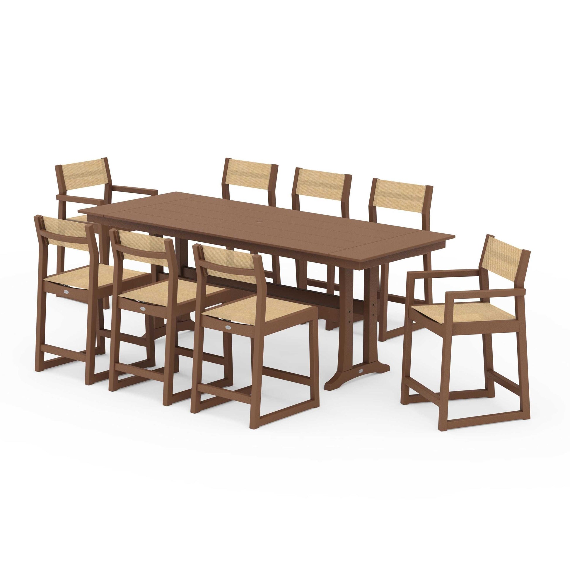 POLYWOOD EDGE Sling 9-Piece Farmhouse Counter Set with Trestle Legs — Teak / Dupioni Apricot Sling