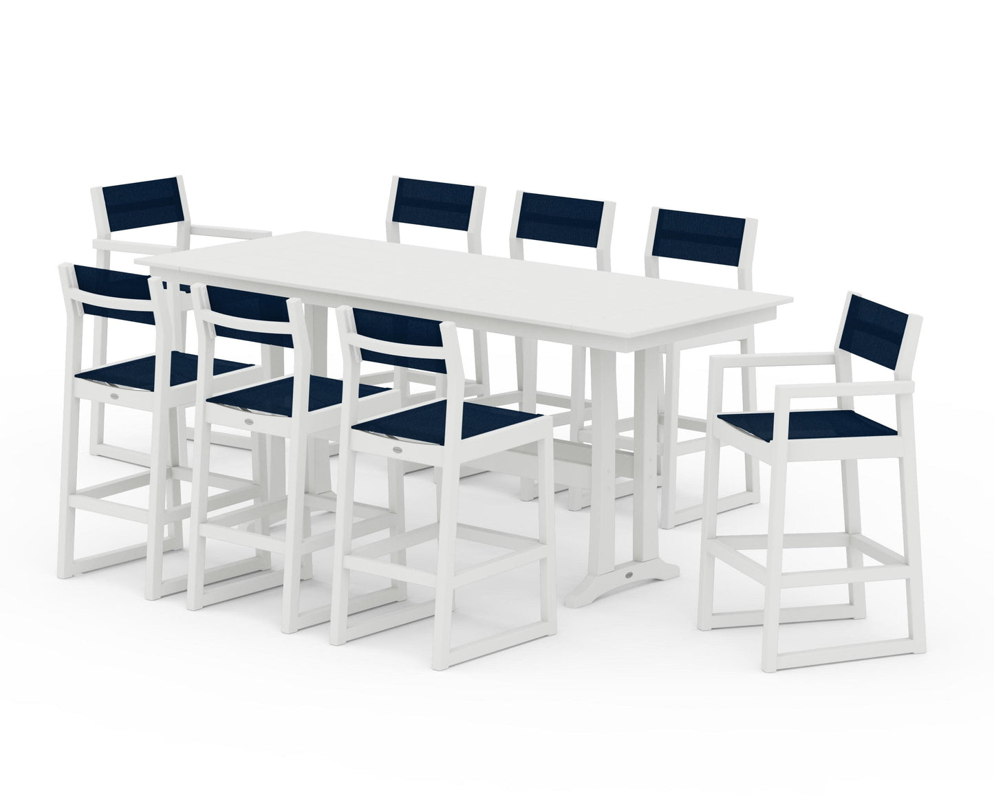 POLYWOOD EDGE Sling 9-Piece Farmhouse Bar Set with Trestle Legs — Vintage White / Navy Blue Sling