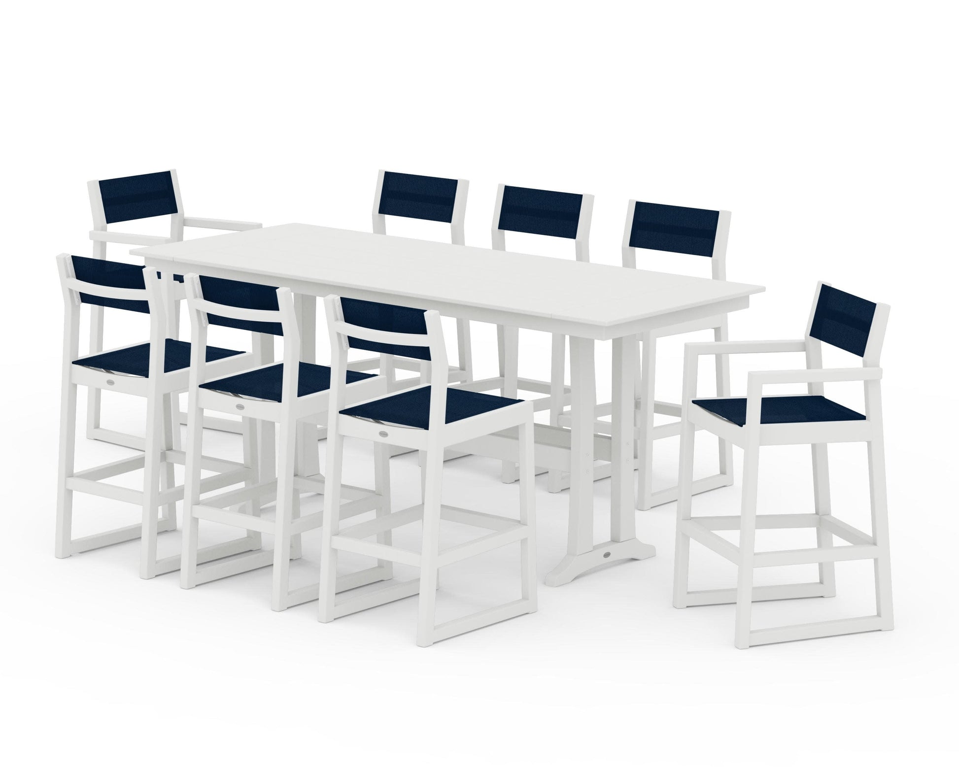 POLYWOOD EDGE Sling 9-Piece Farmhouse Bar Set with Trestle Legs — Vintage White / Navy Blue Sling
