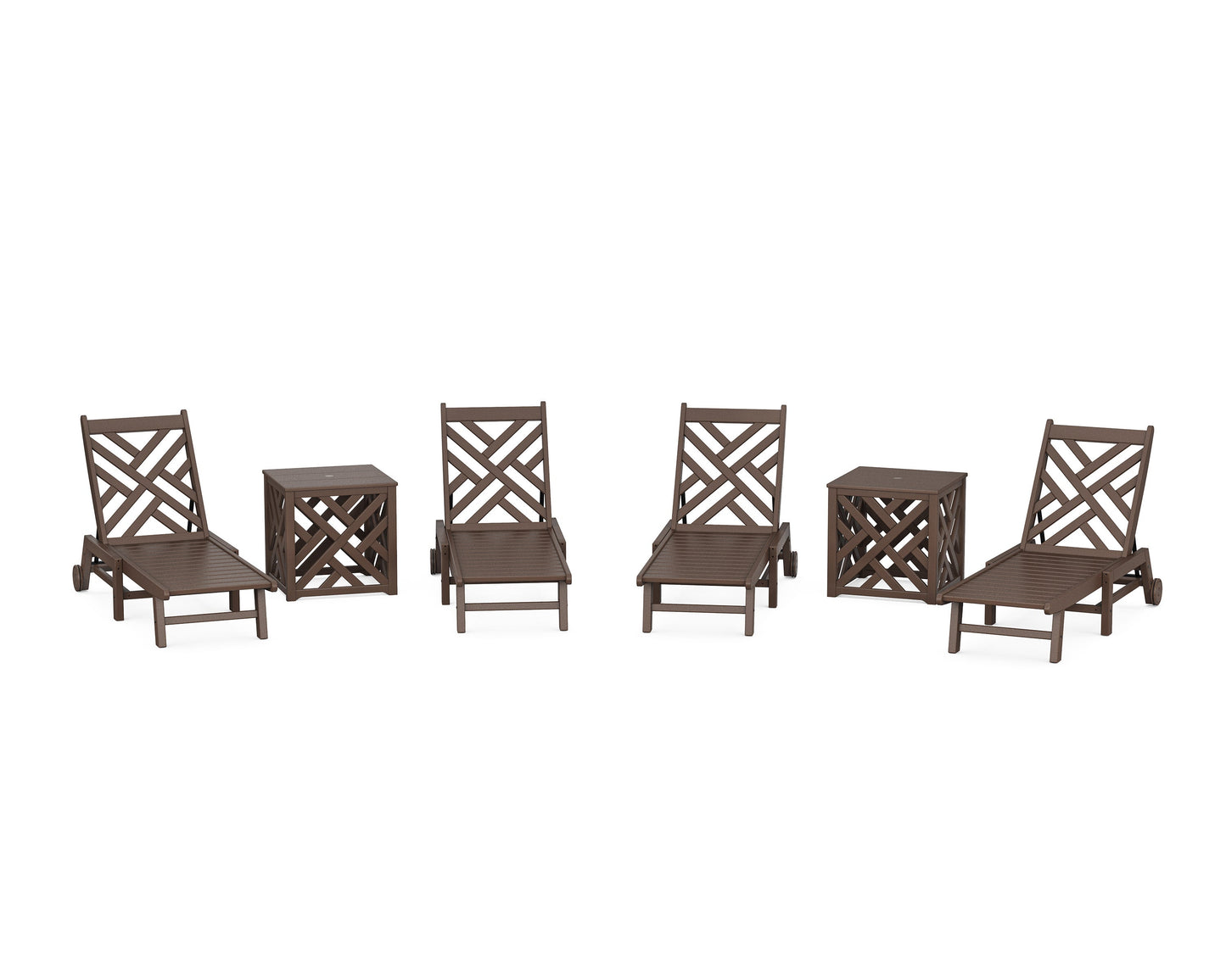 POLYWOOD Chippendale 6-Piece Chaise Set with Wheels and Umbrella Stand Accent Table — Mahogany
