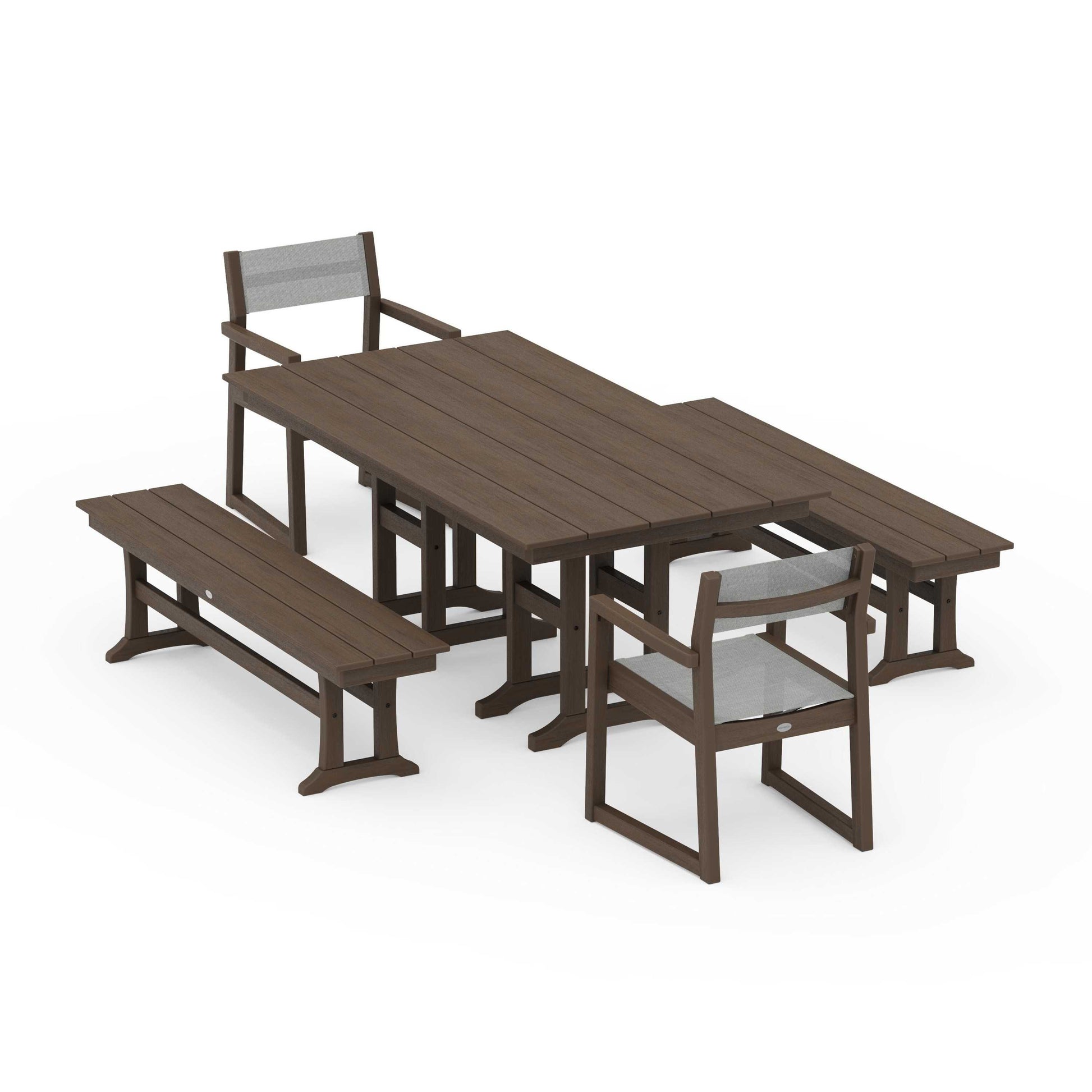 POLYWOOD EDGE Sling Arm Chair 5-Piece Farmhouse Dining Set with Benches — Kona / Metallic Sling
