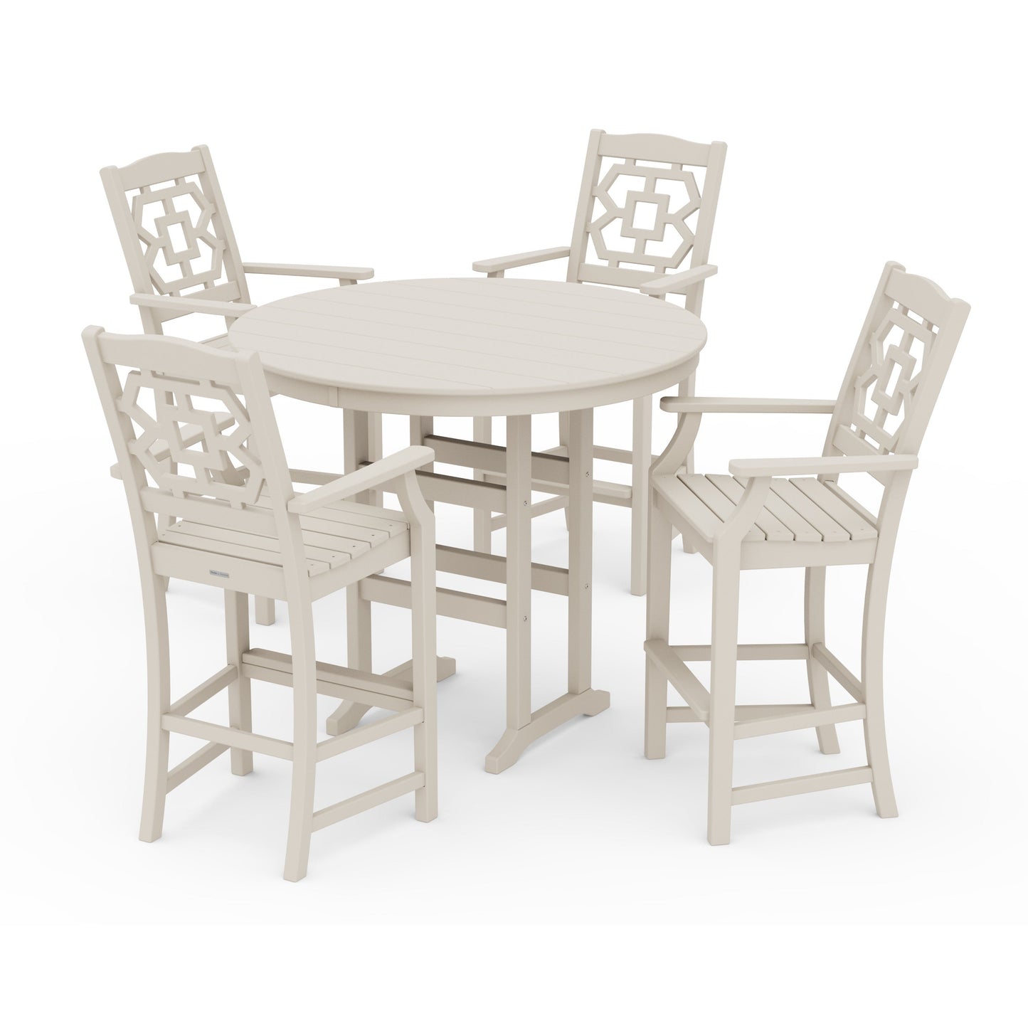 POLYWOOD Chinoiserie 5-Piece Round Farmhouse Bar Set — Sand
