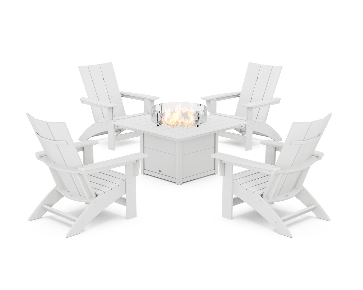 POLYWOOD 5-Piece Modern Grand Adirondack Conversation Set with Fire Pit Table — White