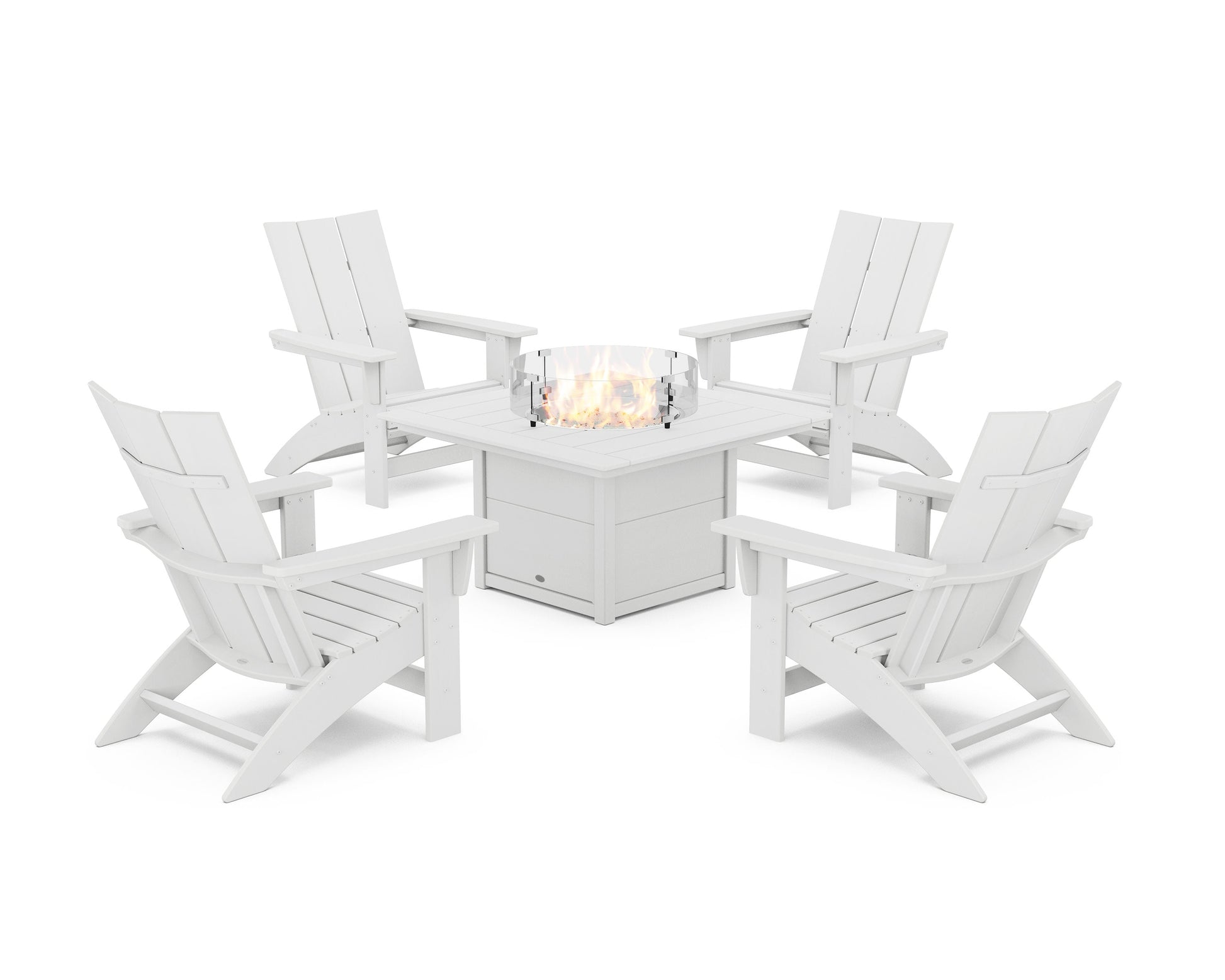 POLYWOOD 5-Piece Modern Grand Adirondack Conversation Set with Fire Pit Table — White