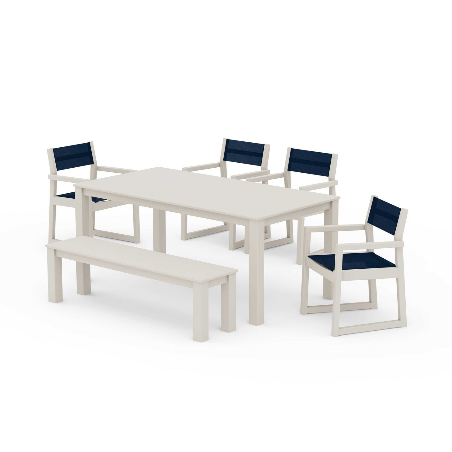 POLYWOOD EDGE Sling Arm Chair 6-Piece Parsons Dining Set with Bench — Sand / Navy Blue Sling