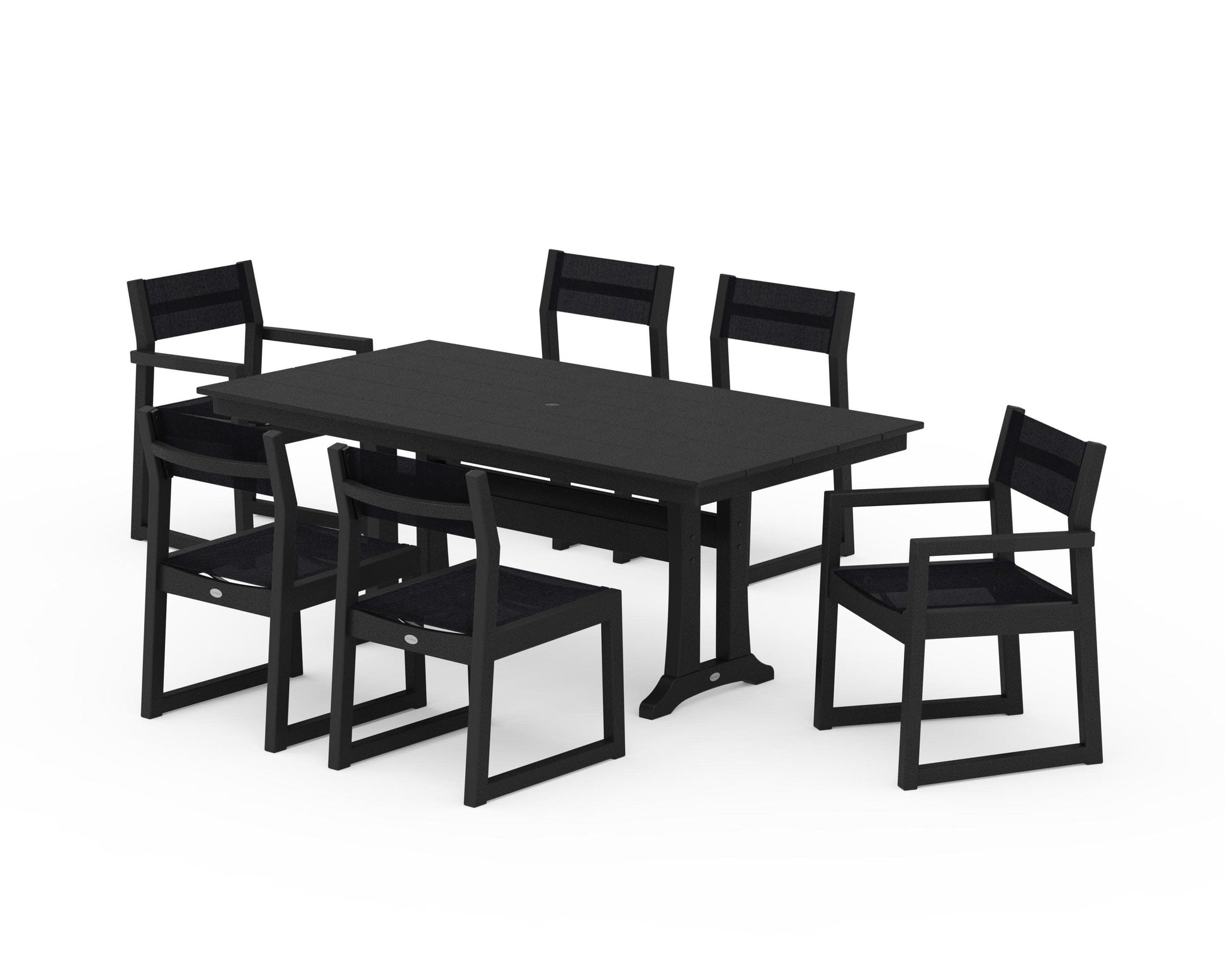 POLYWOOD EDGE Sling 7-Piece Farmhouse Trestle Dining Set — Black / Black Sling