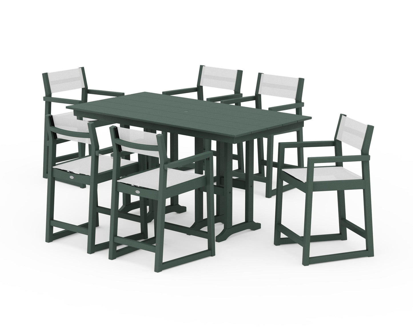 POLYWOOD EDGE Sling Arm Chair 7-Piece Farmhouse Counter Set — Green / White Sling