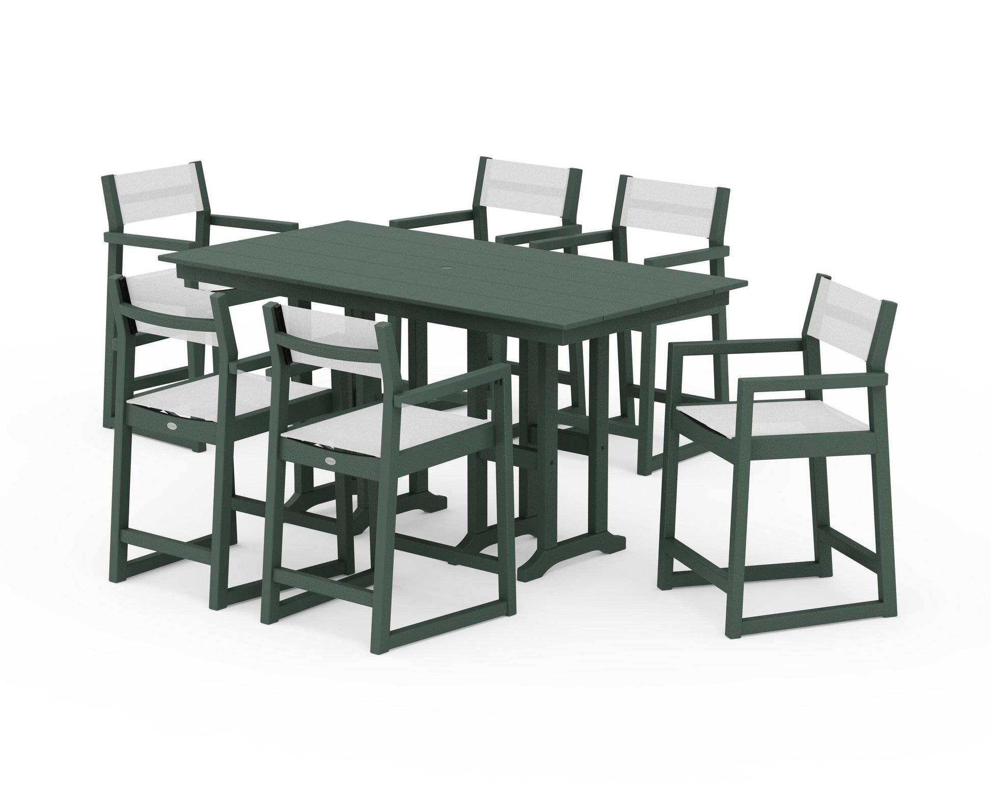POLYWOOD EDGE Sling Arm Chair 7-Piece Farmhouse Counter Set — Green / White Sling