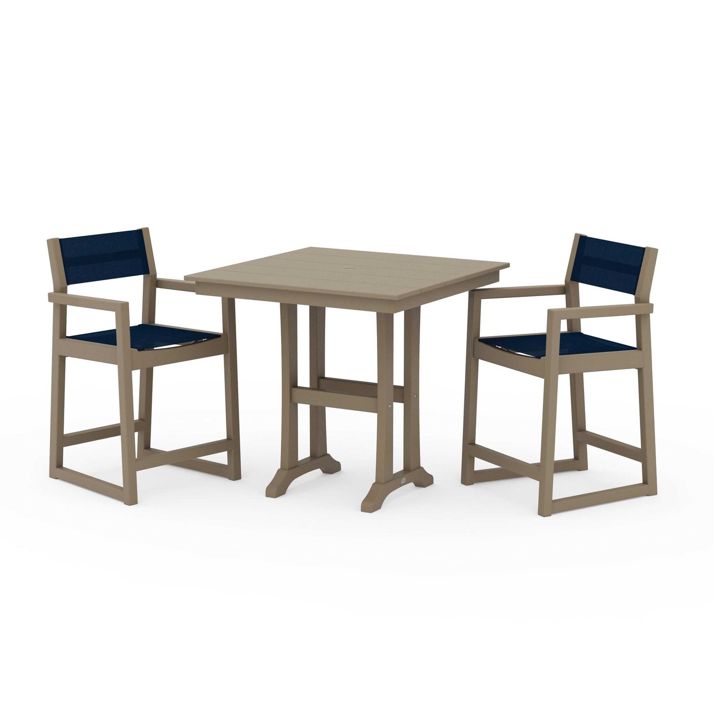 POLYWOOD EDGE Sling Arm Chair 3-Piece Farmhouse Counter Set with Trestle Legs — Vintage Sahara / Navy Blue Sling