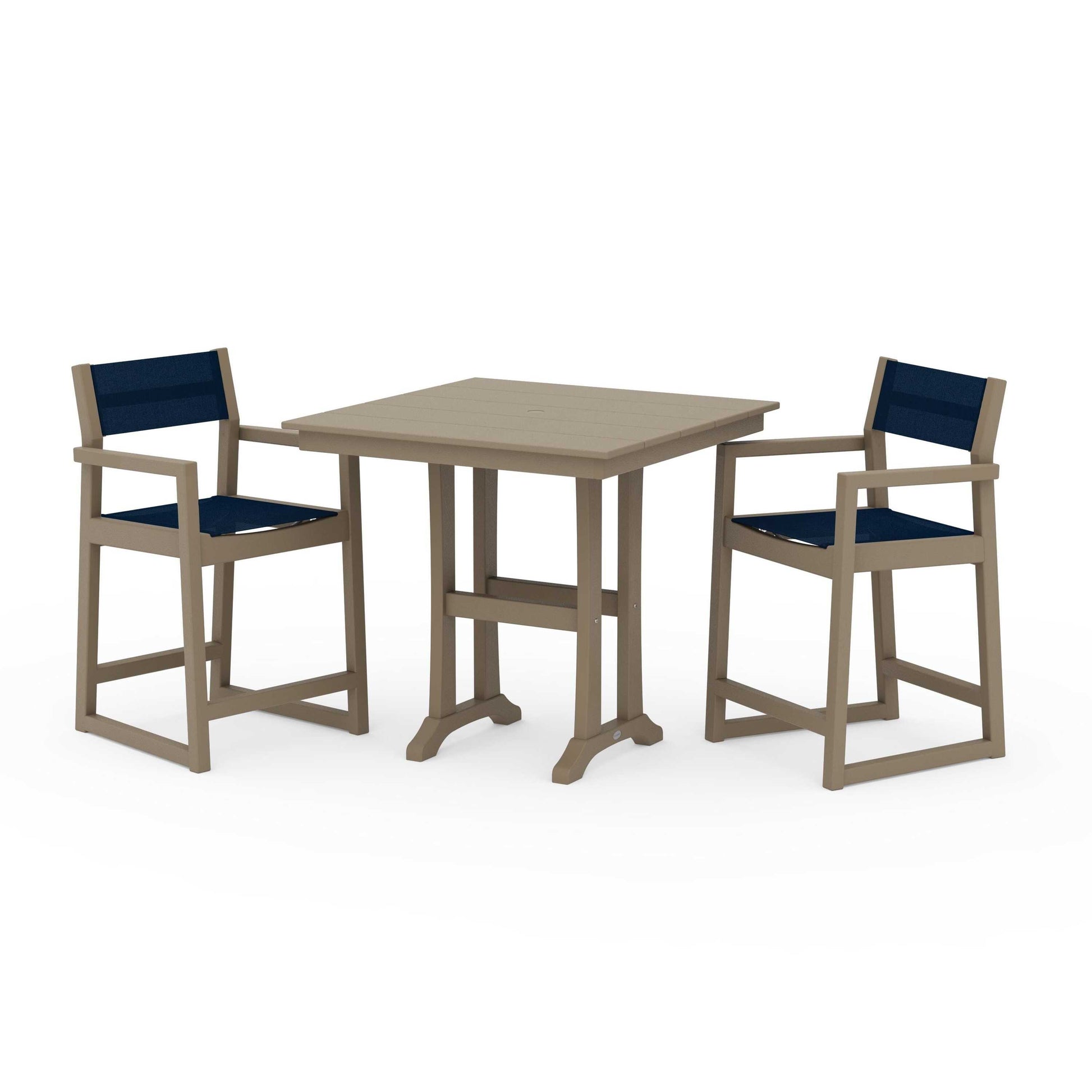 POLYWOOD EDGE Sling Arm Chair 3-Piece Farmhouse Counter Set with Trestle Legs — Vintage Sahara / Navy Blue Sling